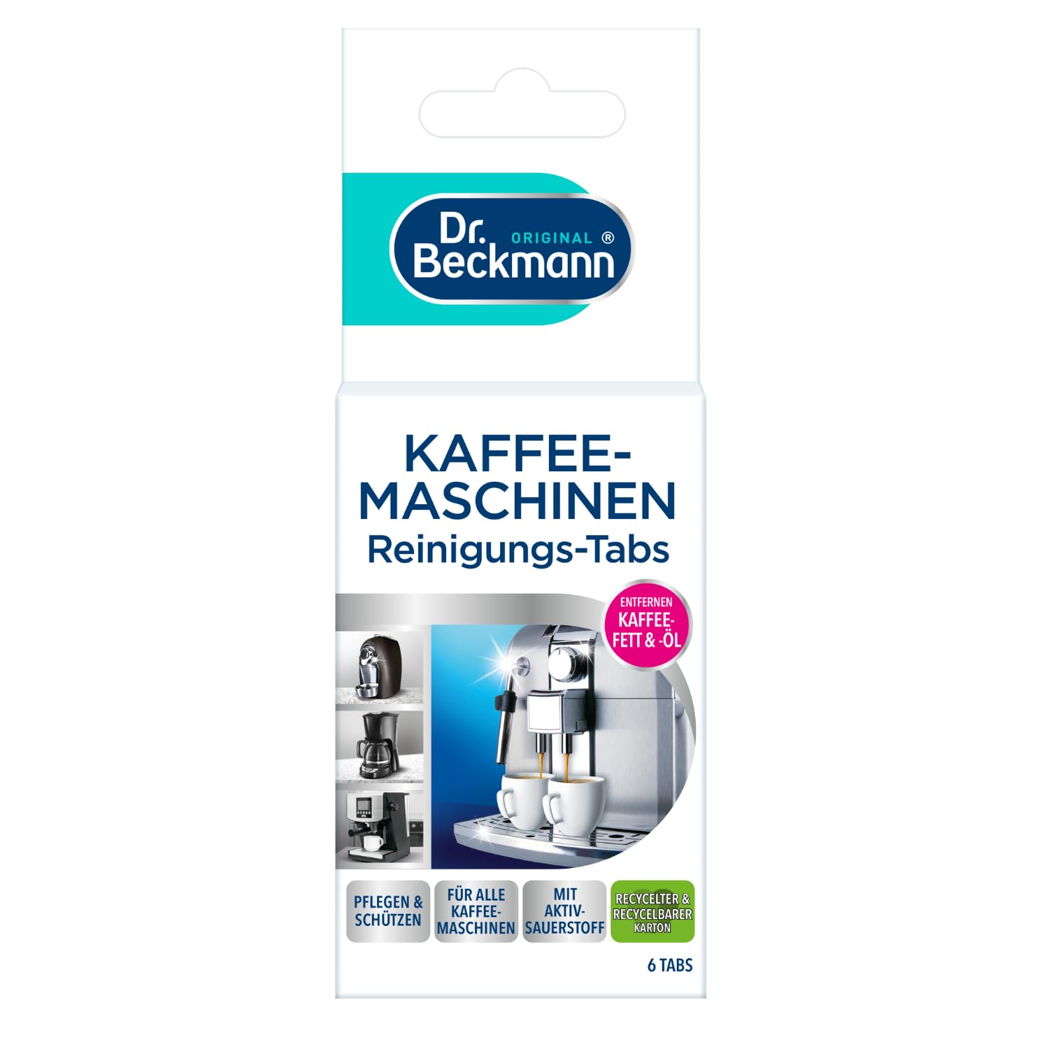 Dr. Beckmann Kaffeemaschinen Reinigungs-Tabs | entfernt Kaffeefett und -öl | mit Aktiv-Sauerstoff | 6 Stück