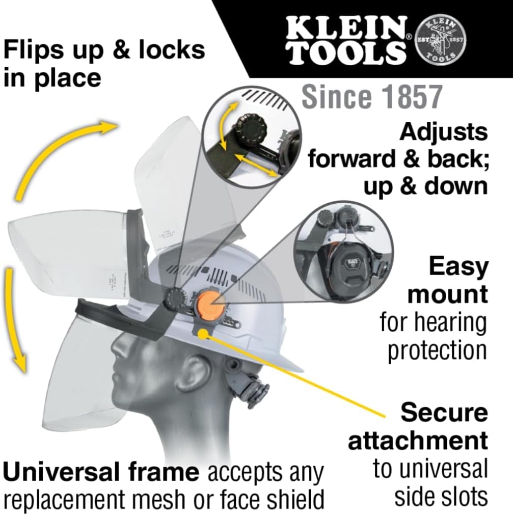 Klein Tools Face Shield for Safety Helmet and Cap-Style Hard Hats, Impact Rated, Anti-Fog, Low-Profile Design for Grinding - Image 2