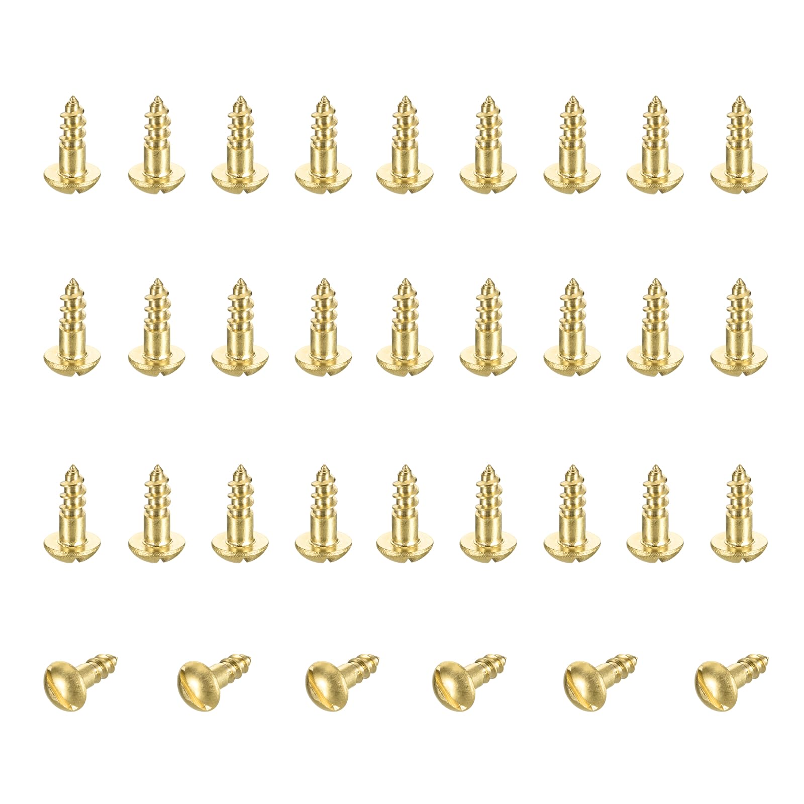 sourcing map 35 Pcs Brass Screws, M4 x 10mm Solid Slotted Round Head Self-Tapping Wood Screw Fasteners for Woodworking Furniture Repair Photo Frame Drywall Home Appliances, Gold