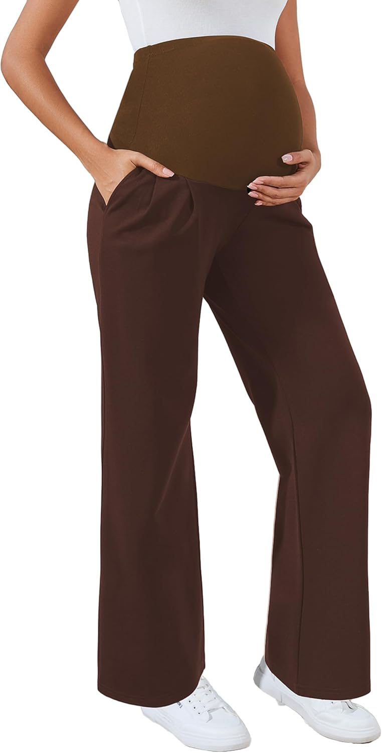 Ecavus Women's Wide Leg Maternity Pants with Pockets - Stretchy Over The Belly Pregnancy Casual and Work Trousers
