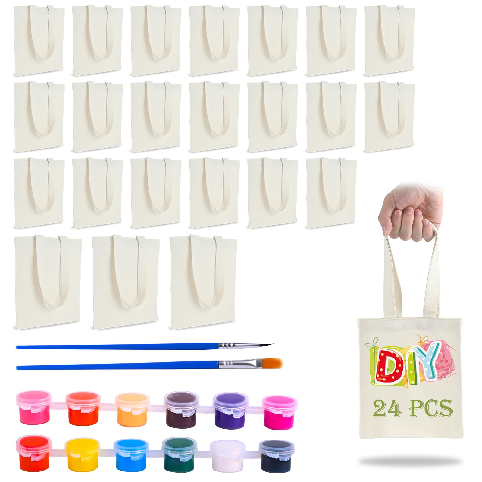 Zioffiel Small Canvas Tote Bags Bulk 24 Pack, Sublimation Tote Bags Blank with Acrylic Paint Set, Reusable Cotton Canvas Bags with Handles, Mini Tote Bag To Decorate DIY Crafts, 8"x8.6" - Image 8