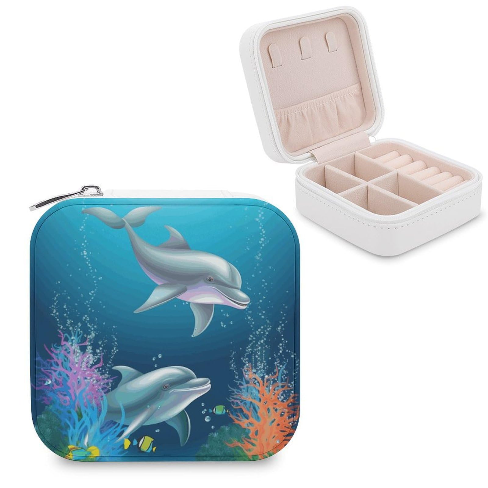 FekiLoot Dolphin And Fish Jewelry Box Custom Jewelry Travel Case Pu Leather Trinket Organizer Box to Organize Ring Pendant Earring Small Portable Jewelry Storage Holder for Women