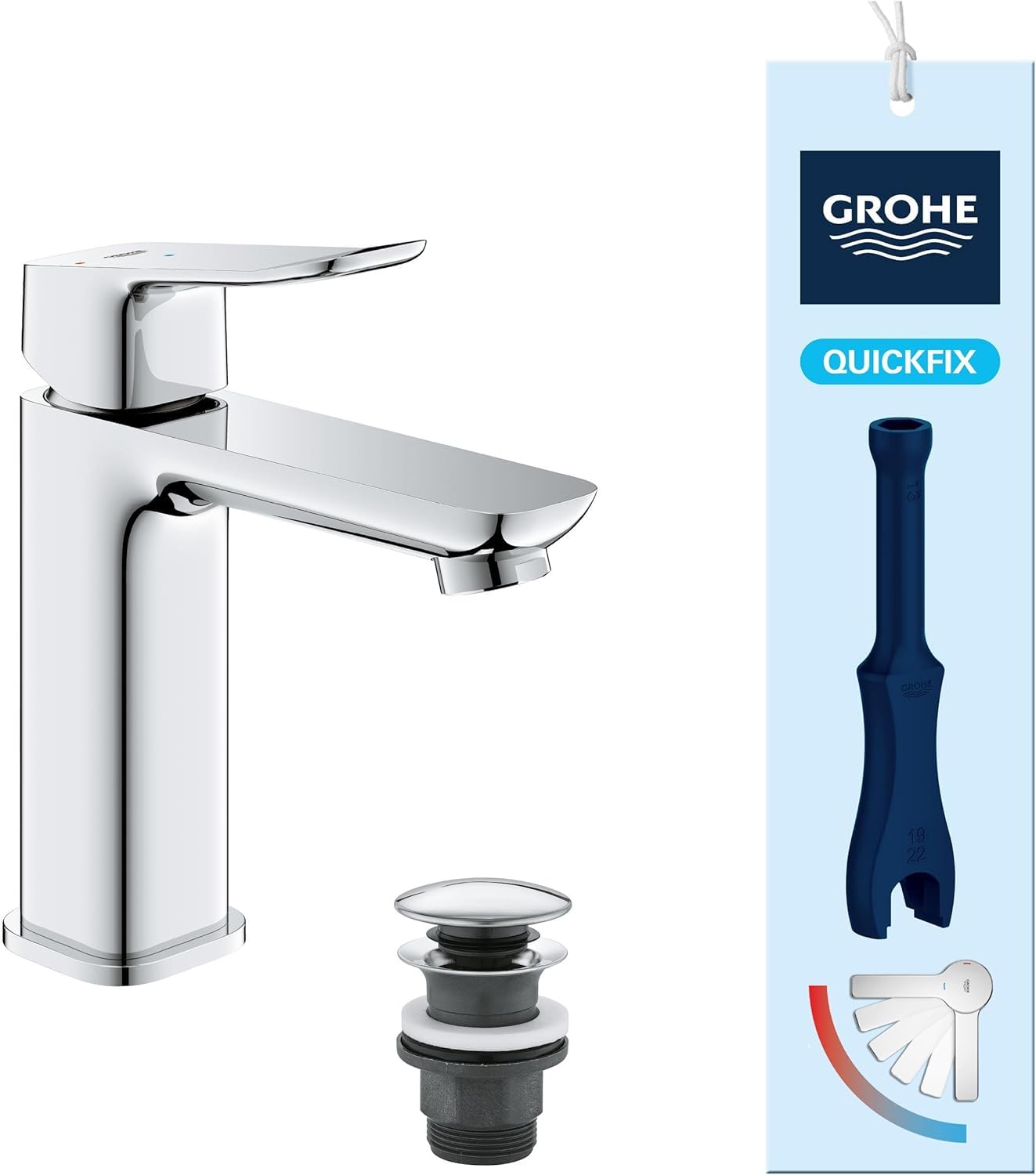 GROHE Dice Mitigeur monocommande Lavabo Taille M (Robinet pour Lavabo de Salle de bain, Avec bonde clic clac, facile à installer avec QuickTool inclus), Chrome, 1018360000