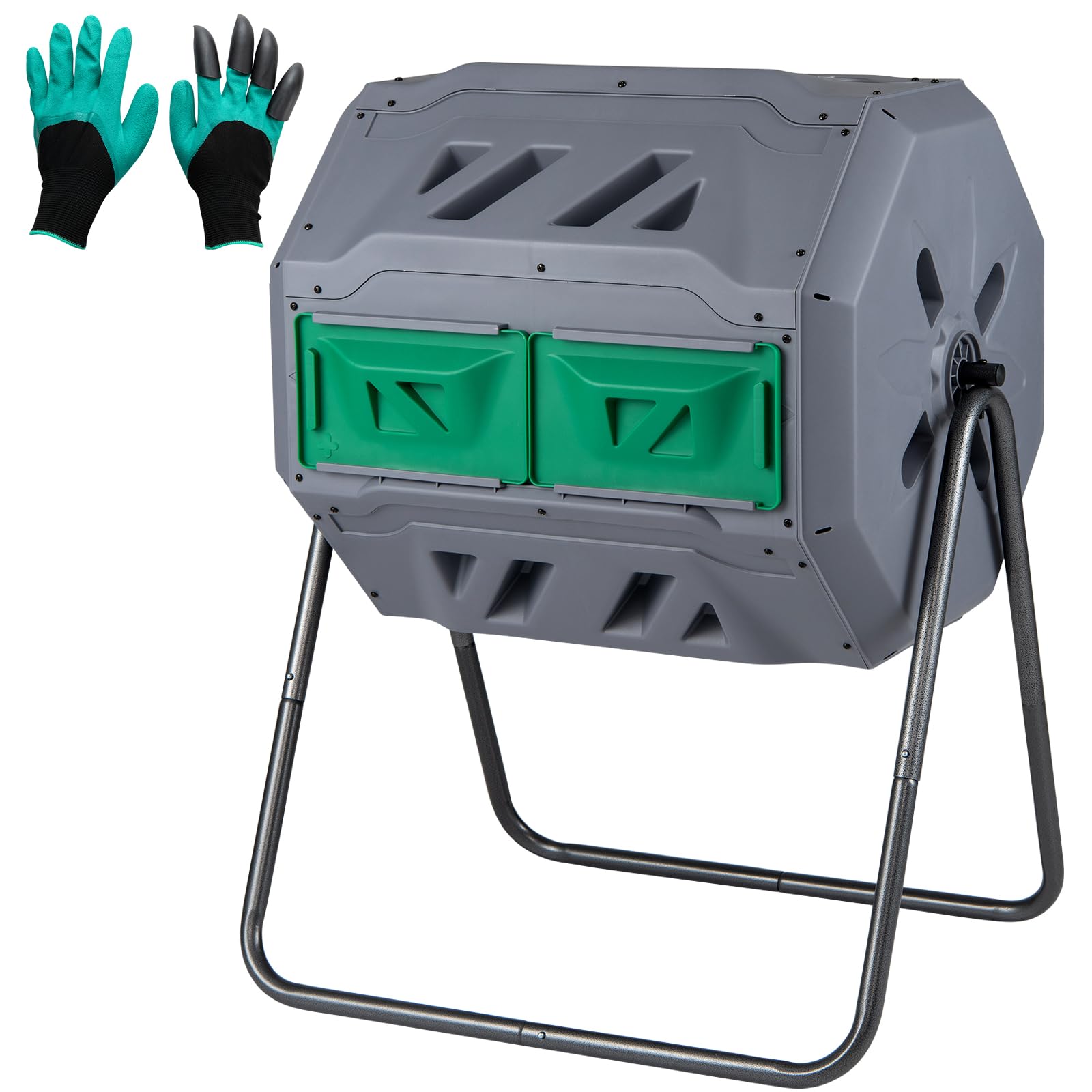 TANGZON Garden Tumbling Composter, 142L/160L/164L Dual Chamber 360° Rotating Compost Bin with 2 Doors, Outdoor BPA Free Aerating Waste Bin Composting Tumbler (160L, 74 x 63 x 93 cm, Green+Grey)