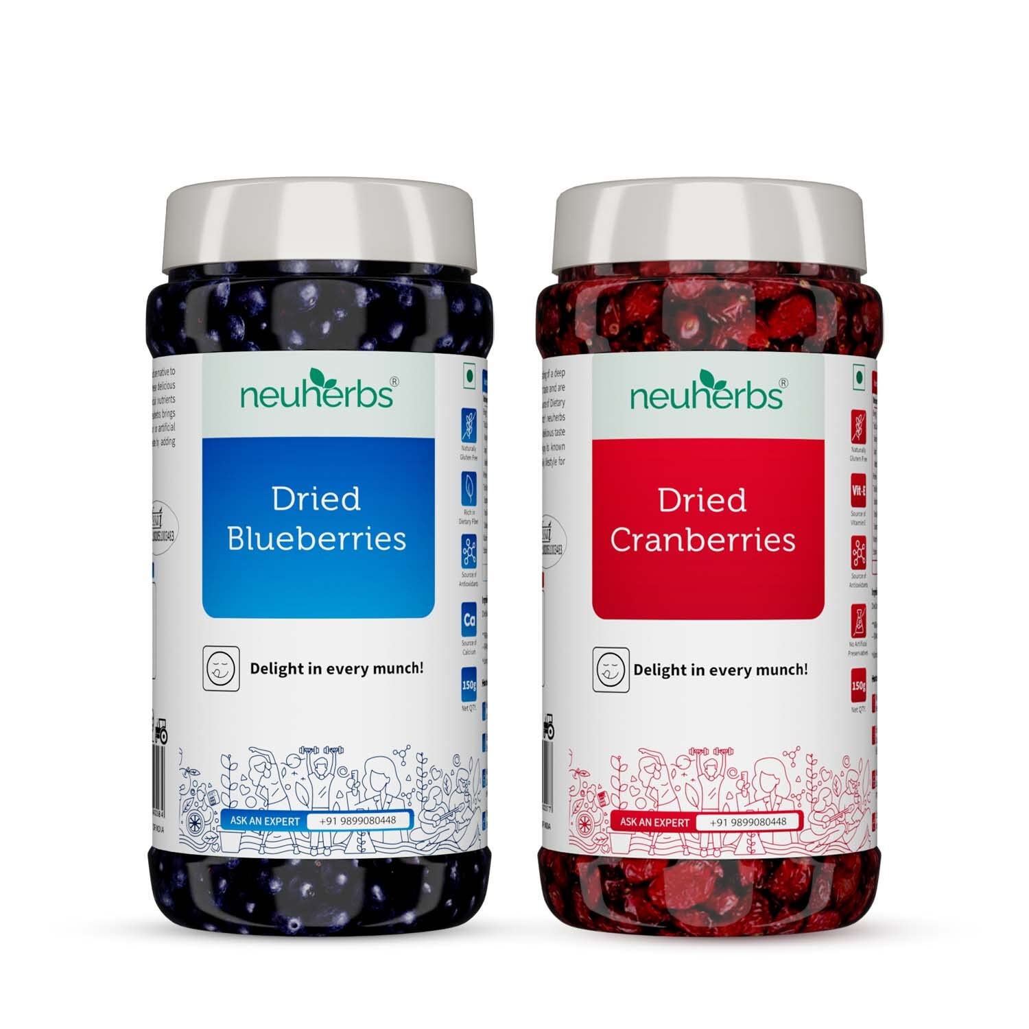 NeuherbsDried Berries Combo 300g (Non-GMO Cranberries 150g & Dried Blueberries 150g) - Berries Mix | Healthy Snacks | Mixed Berries