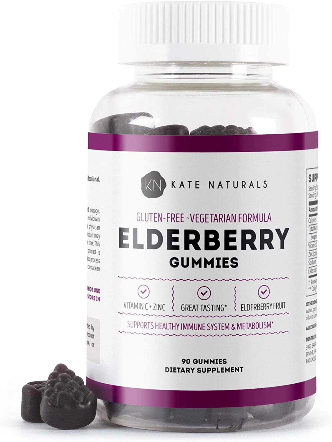 Kate Naturals Elderberry Gummies with Vitamin C and Zinc for Adults & Kids. Tasty Sambucus Elderberry Gummies for Immune Support (90 Gummies, 45 Day Supply) 90 Count (Pack of 1)