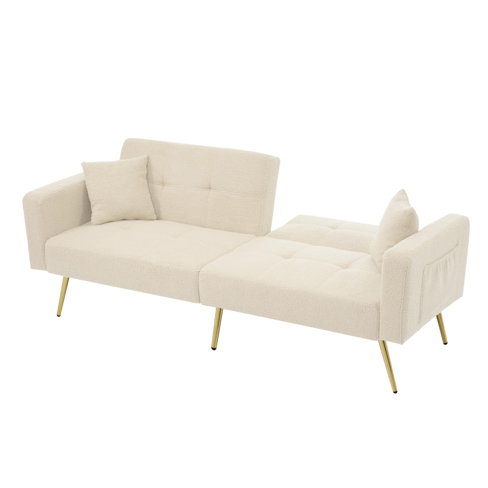 Sofá cama con función de cama, sofá de 2 plazas, ángulo ajustable, patas doradas, con cojines y bolsillos laterales de almacenamiento (Beige)