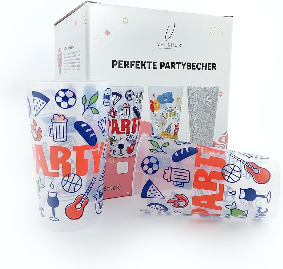 Pack of 20 Plastic Reusable Cups, 300 ml, Shatterproof Drinking Cups for Drinks Parties and Events, with Motif - Party