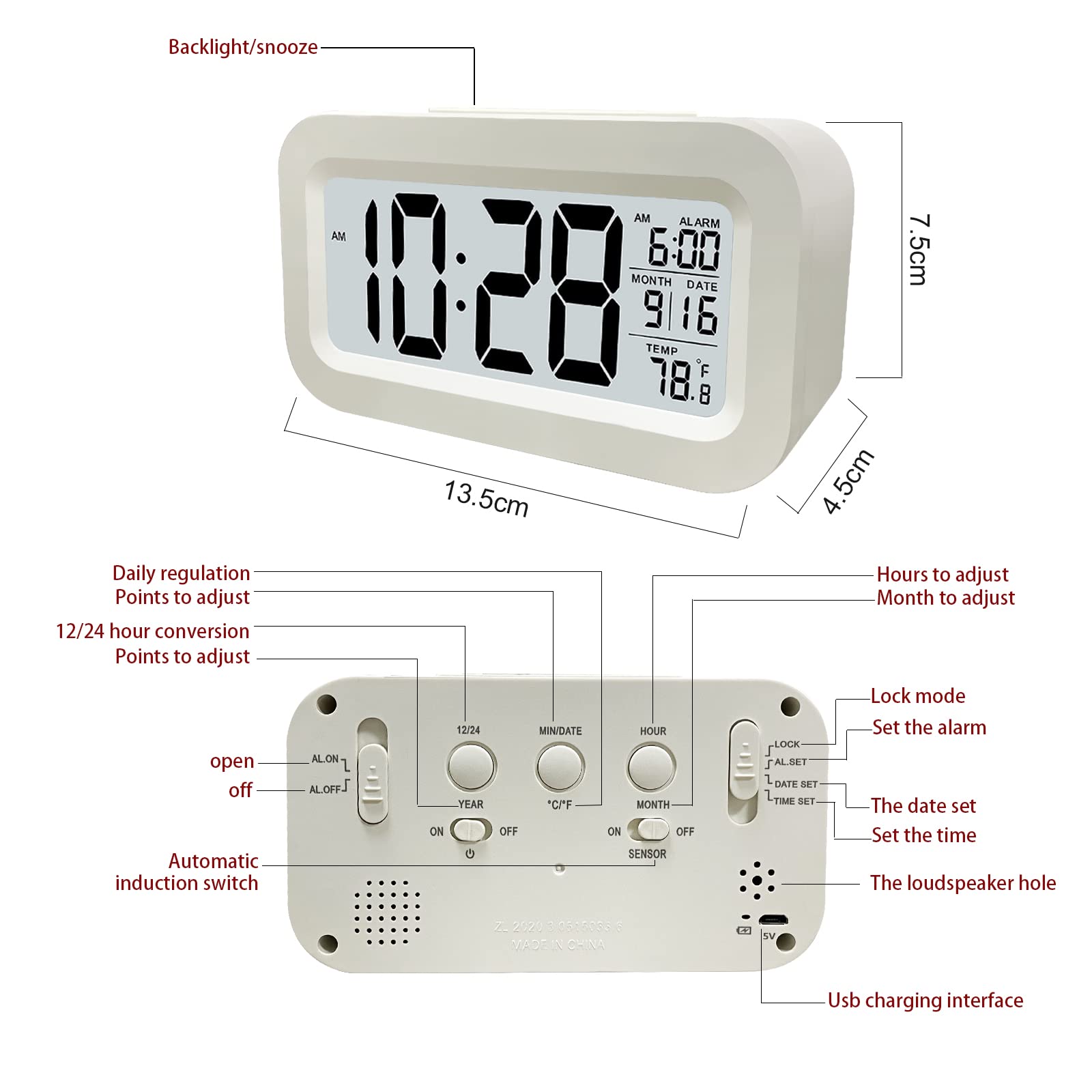 Jsdoin Reloj Despertador Digital, LED Pantalla Reloj Alarma Inteligente con Temperatura, Sensor de Brillo, 12/24 Horas, Función Snooze y Alarma para Dormitorio, Hogar, Oficina(Recargable,Blanco)