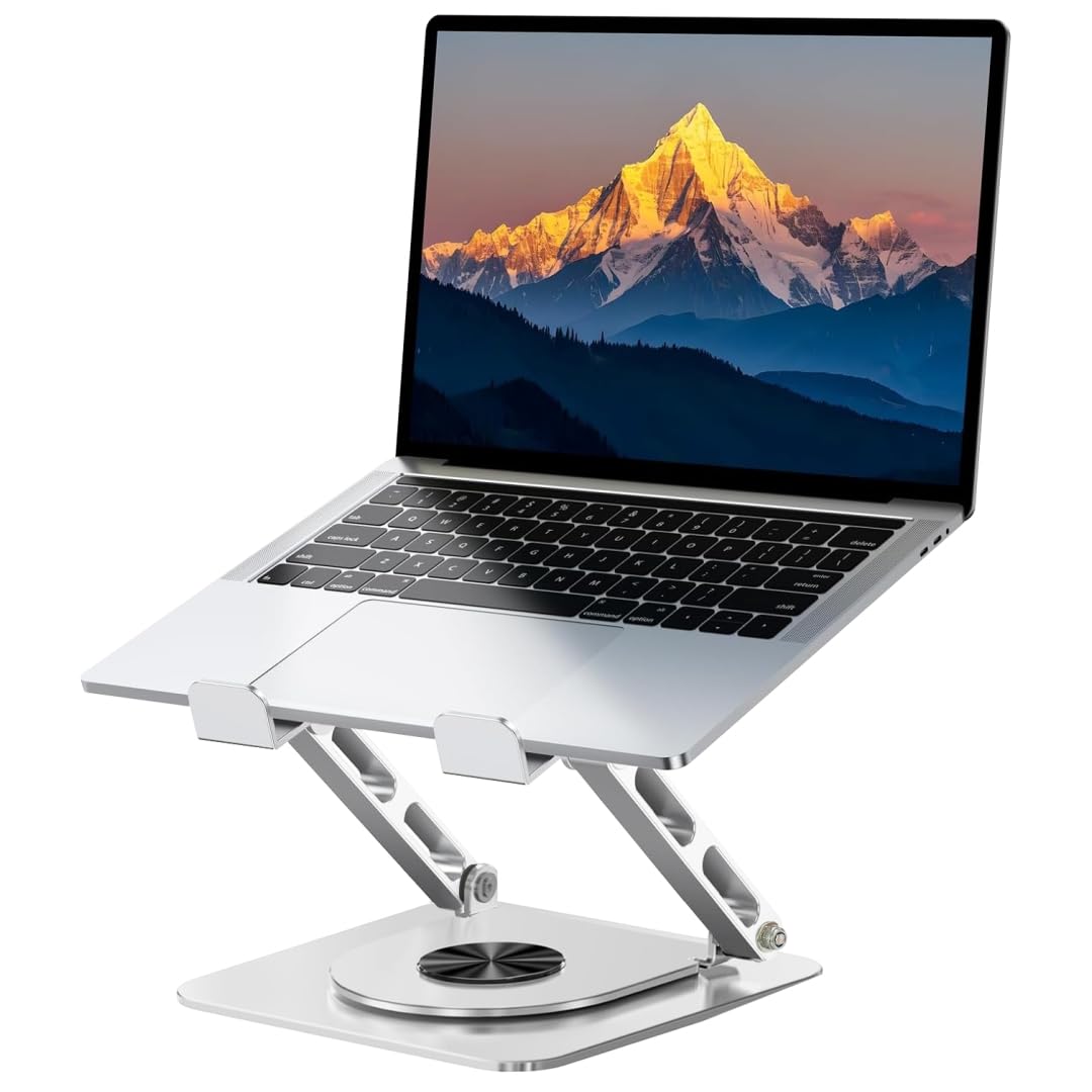 Dyazo Aluminum Laptop Stand Foldable Height Angle Adjustable Laptop Riser for Desk Compatible for MacBook, Lenovo, Dell Notebook up to 15.6 Inches 360 Rotating Base (Silver)