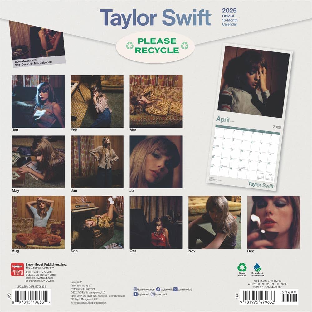 Taylor Swift OFFICIAL | 2025 12 x 24 Inch Monthly Square Wall Calendar | Plastic-Free | BrownTrout | Music Pop Singer Songwriter Celebrity: Browntrout: 0097815796334: Amazon.com: Books