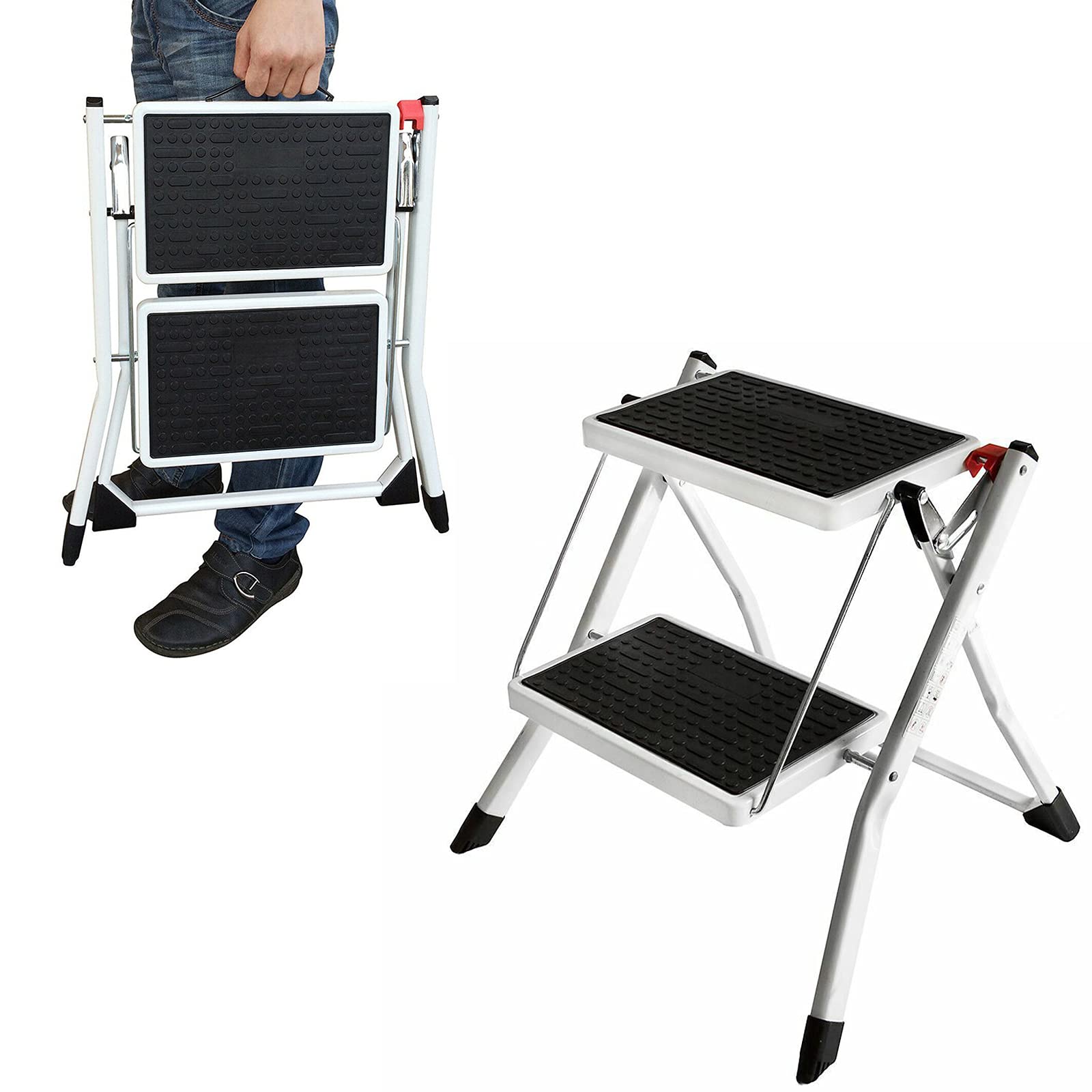 Folding 2 Step Stool Stepladders for Household Multi-purpose Small Step Ladder, Safety Large Anti-slip Tread and Rubber Feet, Easy to Use & Storage, 330lbs Capacity (White)