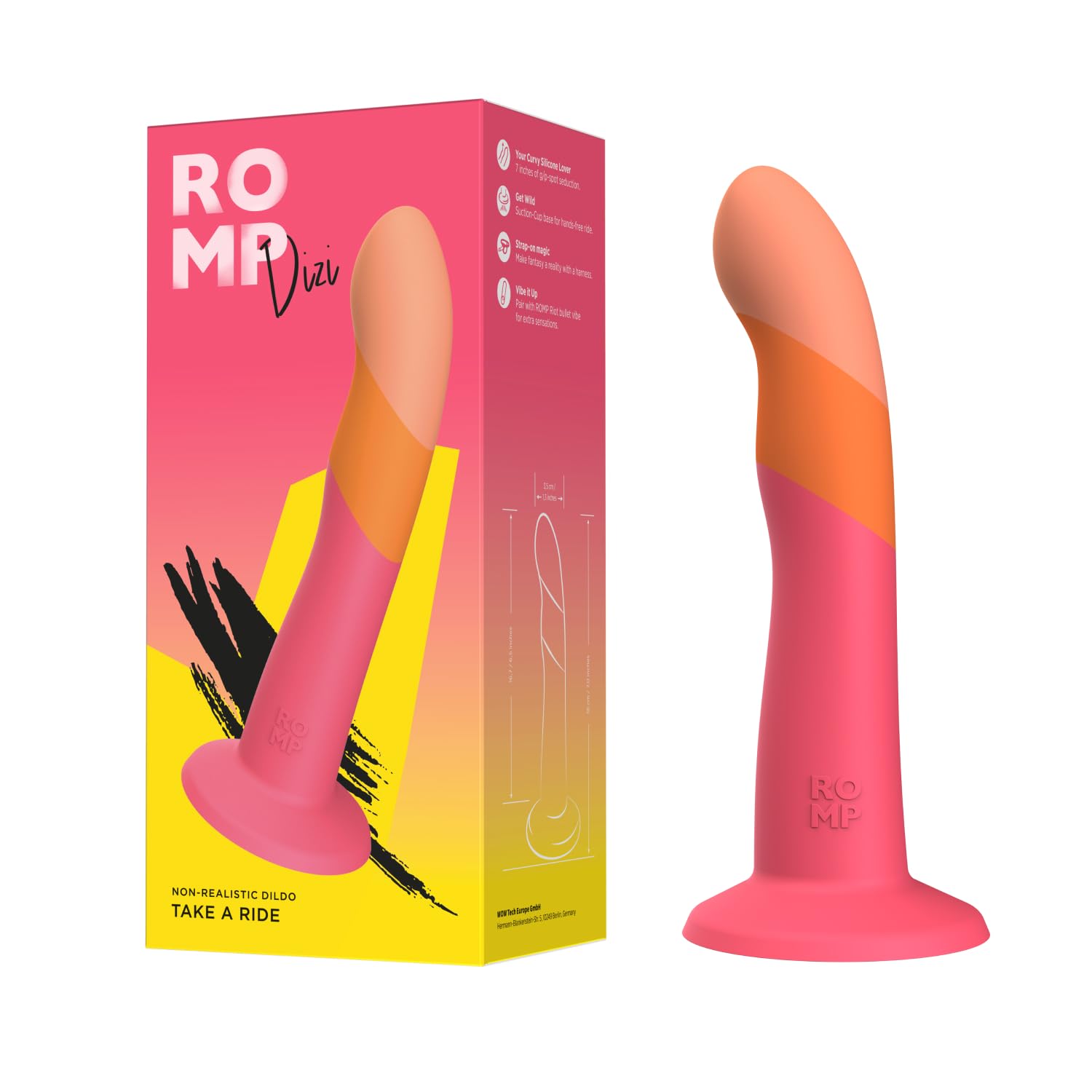 ROMP Dizi Non-Realistic Consolador | Dildo de silicona de 7 pulgadas | Compatible con vibrador de bala | Punto P y Punto G | Consolador con ventosa apto para arnés | Juguete sexual
