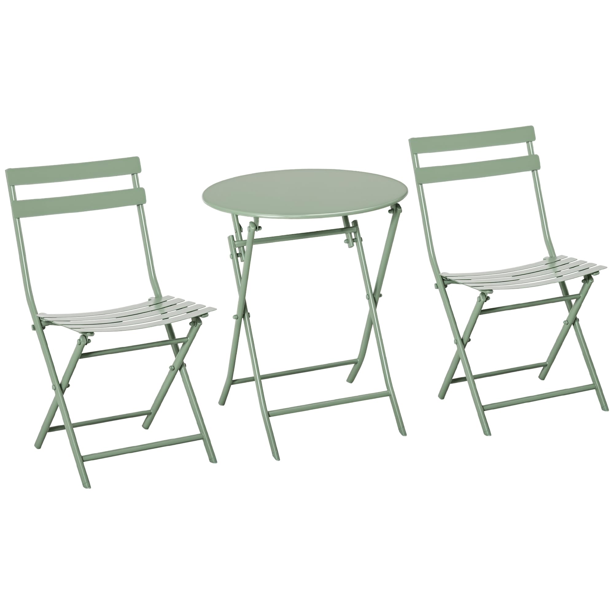 Outsunny Salon de Jardin 2 Personnes - Table Bistrot Pliable Ronde Ø 60 cm avec 2 Chaises Pliantes Métal Thermolaqué Vert