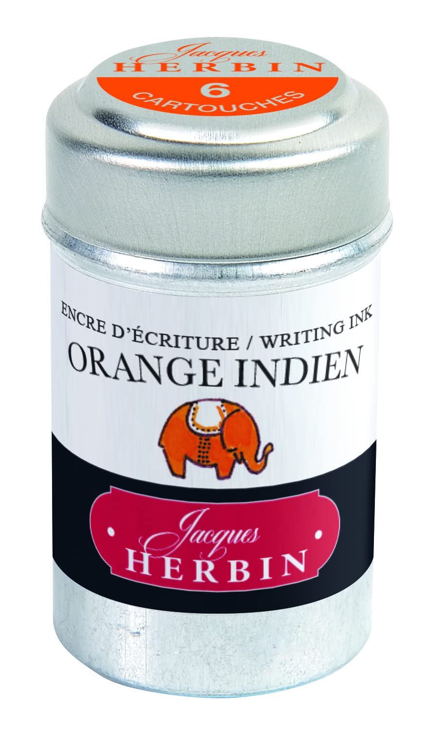 Jacques Herbin 20157T - A box of 6 ink cartridges for fountain pens and rollerball pens (packaging-free product - zero waste objective), Orange Indien