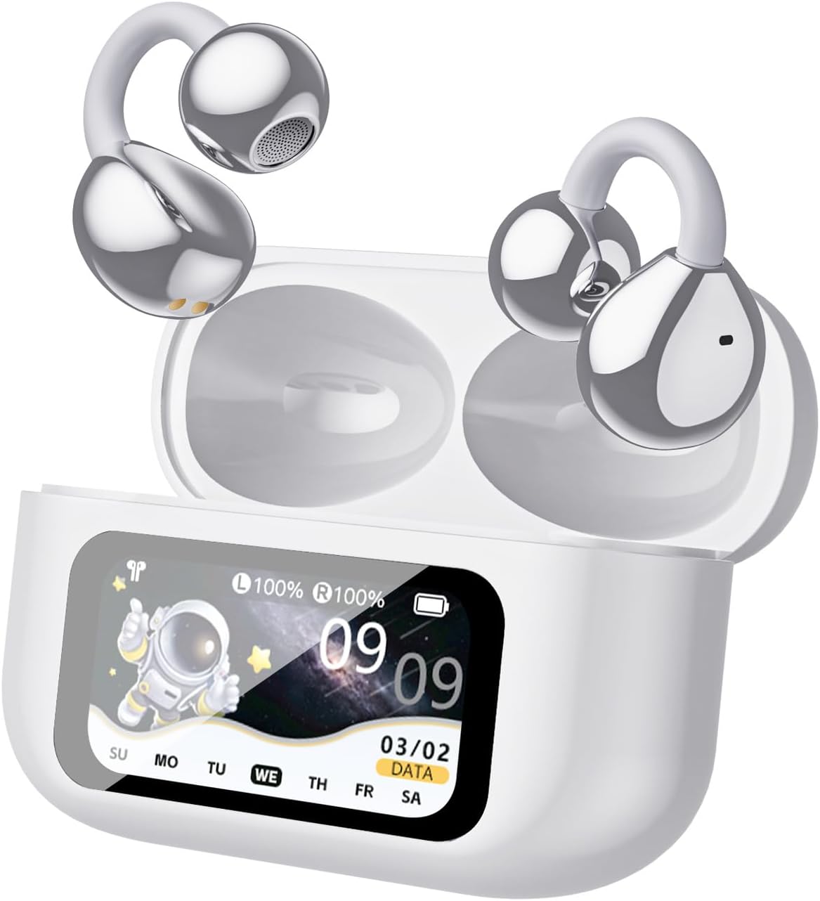 Micool Bluetooth Ear Clip Headphones with Color Touch Screen, Hi-Res Audio & APP Control, 40H Playtime Wireless Earbuds, All-Day Comfort Fit and Anti-Loss Tracking (Pure Black)