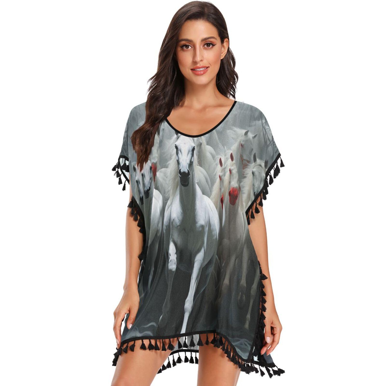 KAAVIYO White Majestic Horses Women's Beach Cover Up Chiffon Tassel Swimwear Swimsuit Coverups for Girl