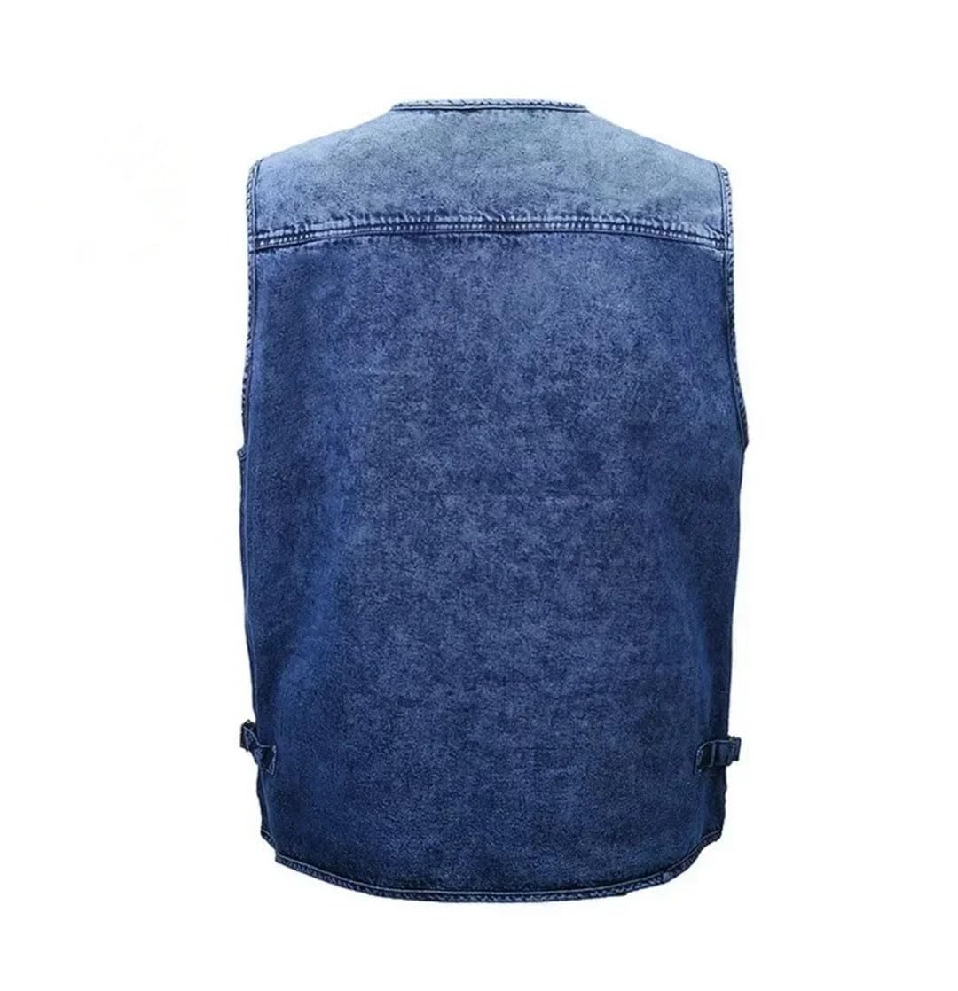 Gilet da uomo in denim di cotone solido Multi-tasca sciolto giacca senza maniche maschio escursionismo pesca gilet da viaggio Plus Size