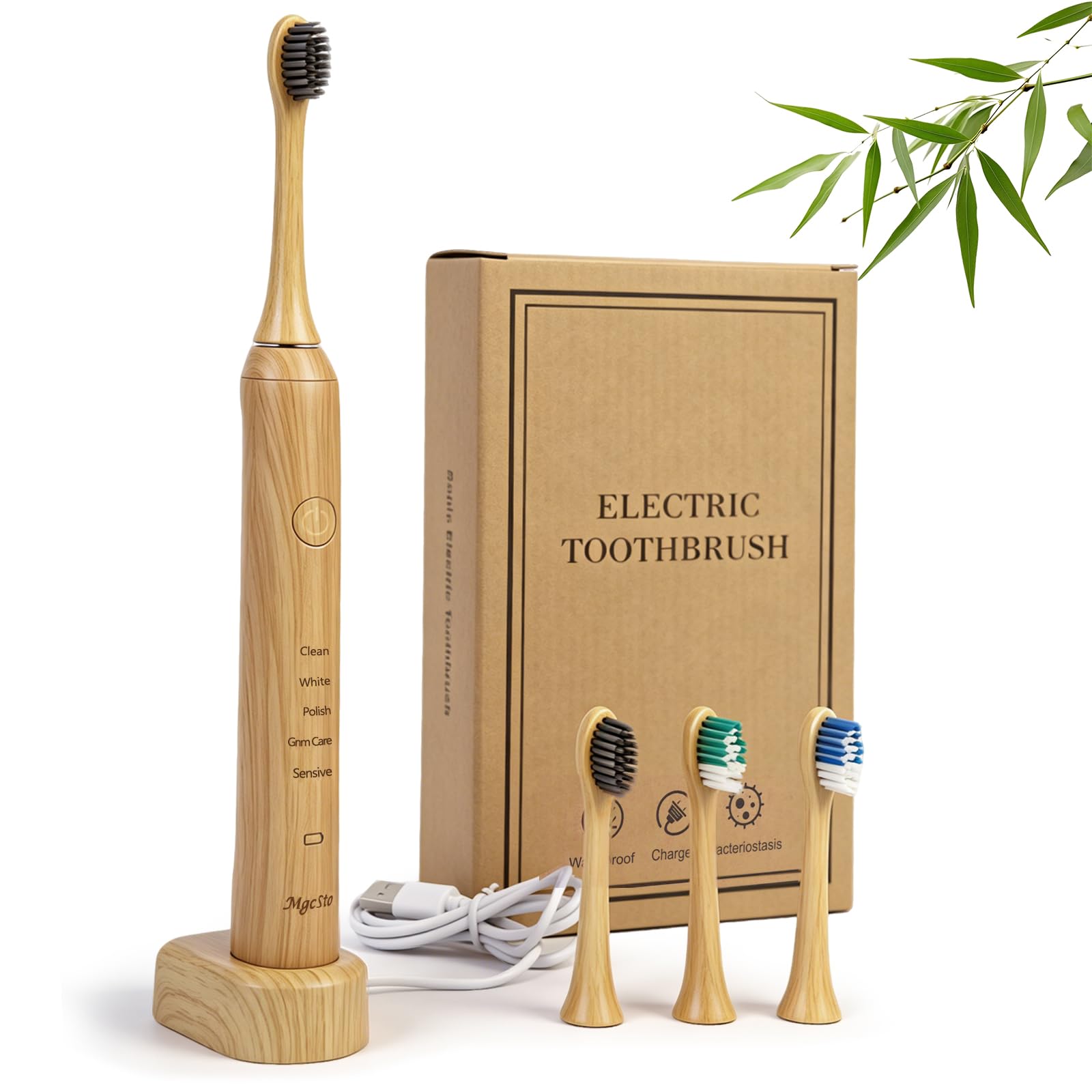 Spazzolino elettrico in bambù naturale per adulti, confezione da 4 testine di ricambio in bambù, 5 modalità di pulizia, batteria a lunga durata, spazzolino ricaricabile impermeabile PX7