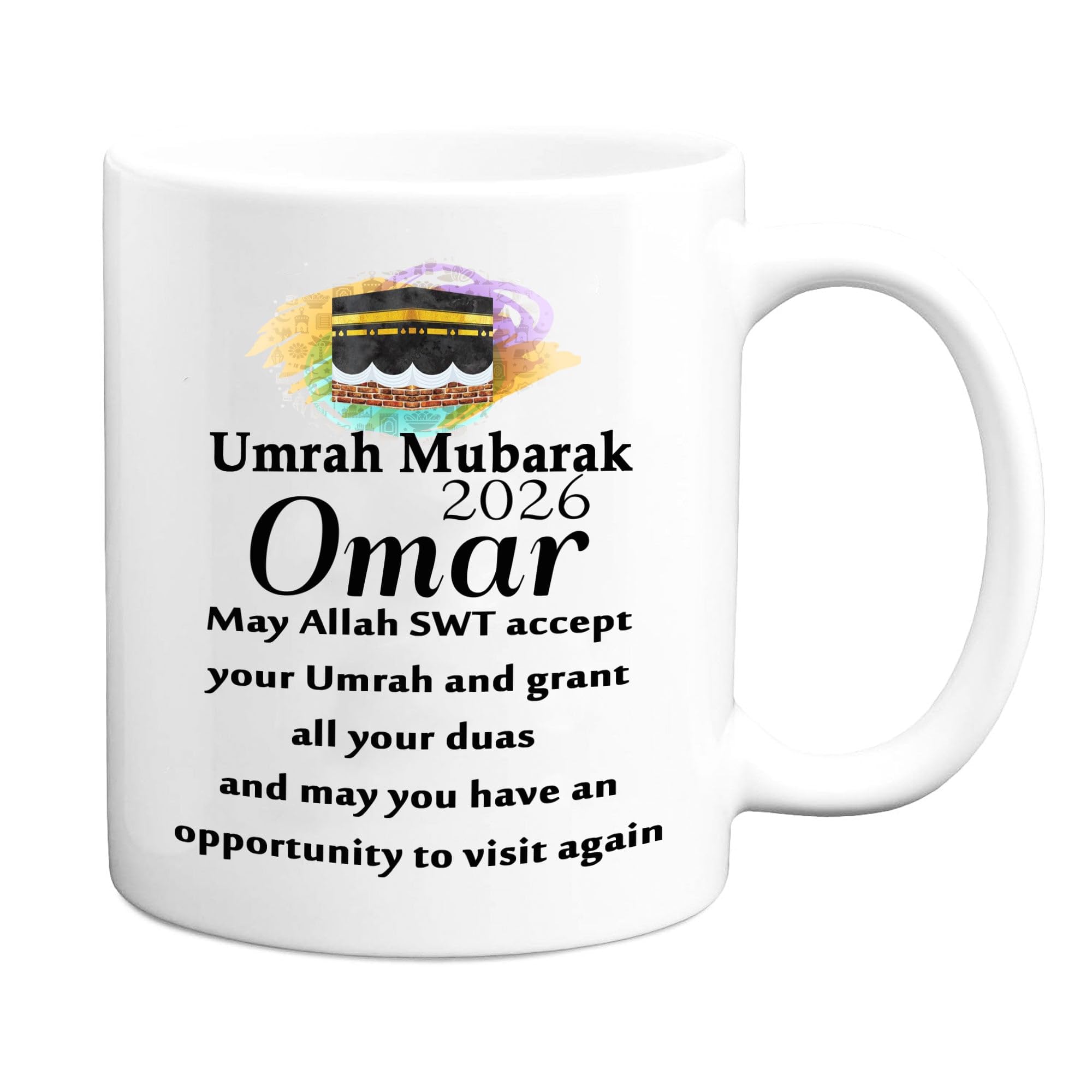 JR Decal Personalised Name Umrah Mubarak Mug Gifts, Islamic Dua Print Ceramic Gift Mug for Umrah Pilgrims, Custom Umrah Mug Gifts for Her and Him