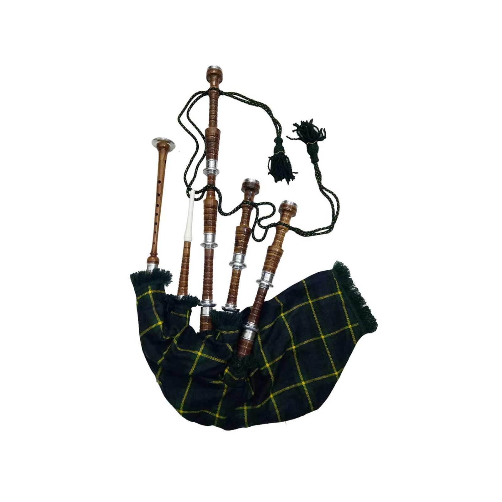 TC Scottish Great Highland Dudelsack mit silberfarbenen Halterungen, natürliches Finish, Palisander, verschiedene Schottenkaros, mit Übungspfeifen/Drohne (Highlander Gordon Tartan)