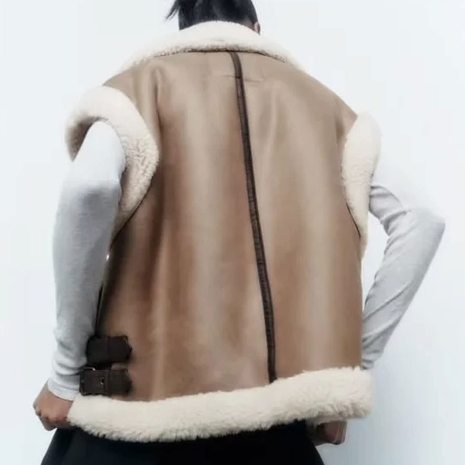 Damen-Weste, Lammfell-Weste, mit Kunst-Teddy-Fleece gefüttert, Reißverschluss, kontrastierende, ärmellose, dicke Jacken, Übergröße, leger, Biker, warme Weste für Damen, coffee, 38