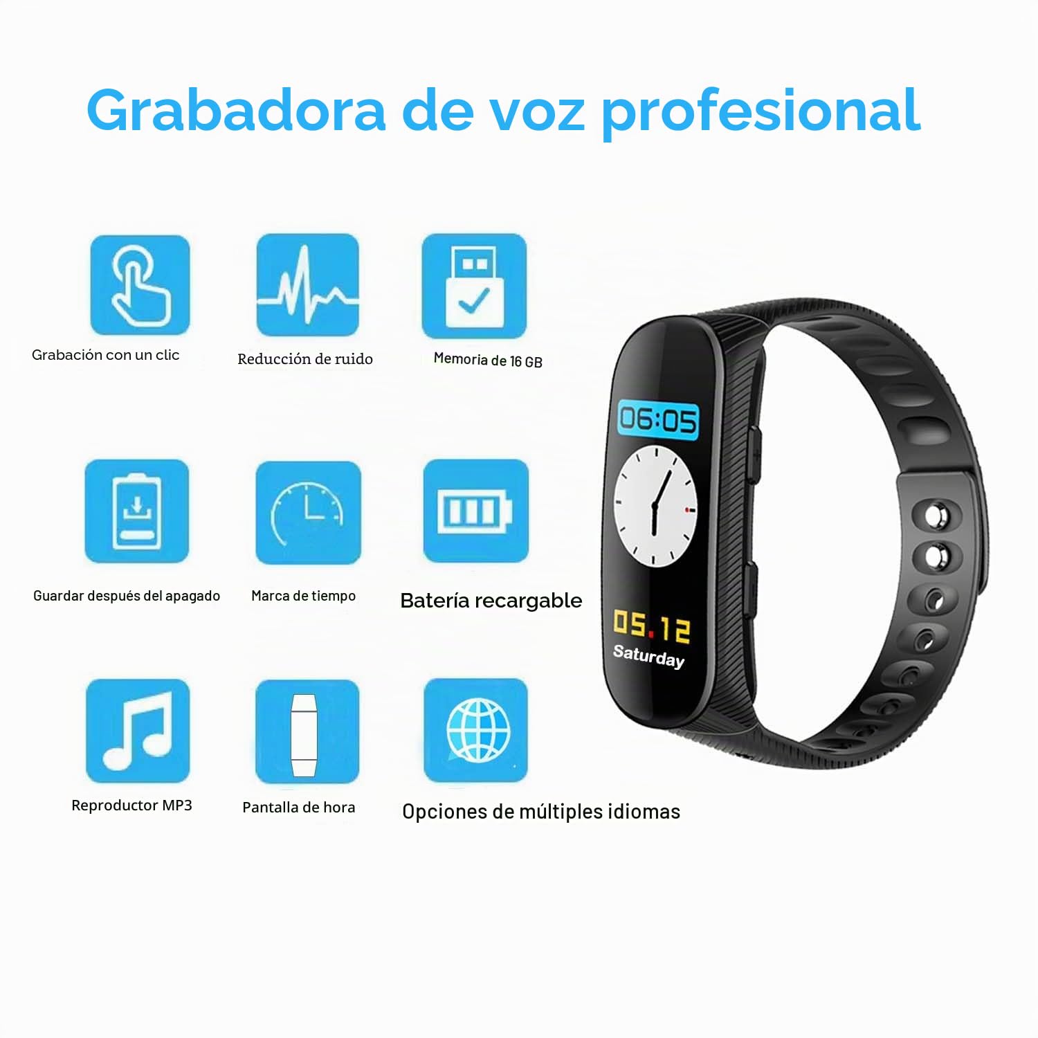 Grabadora de voz Pulsera de 16 GB, grabadora de voz profesional con activación por voz y reproductor MP3, reloj con grabadora de voz recargable USB para reuniones, entrevistas, lecciones
