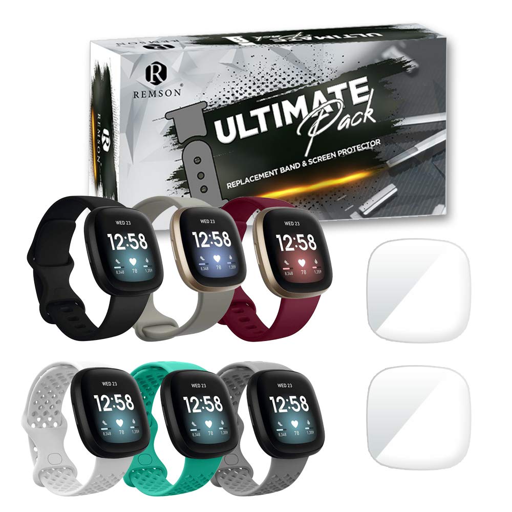 Remson Ultimate Pack of 8, Silicone Strap Band with Screen Protector Compatible With Fitbit Versa 3 and Fitbit Sense, Replacement Band With Screen Protector