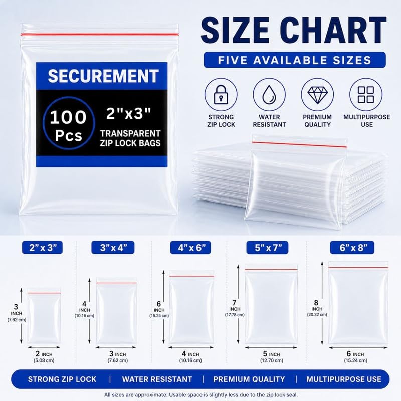 Image of SECUREMENT Resealable Zip Lock Bags|Transparent Press Lock Pouch (100 Pcs, 2 inchx3 inch) | Resealable Storage Bags for Jewelleries, Artifacts, Coin & Small Items