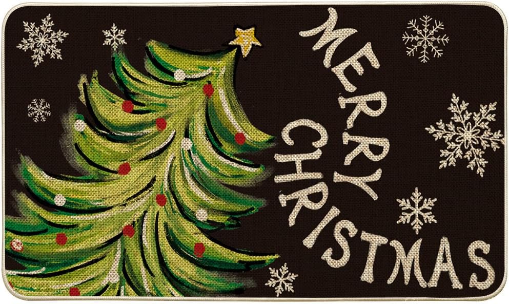 Artoid Mode Xmas Tree Merry Christmas Doormat, Snowflake Winter Home Decor Low-Profile Switch Rug Door Mat Floor Mat for Indoor Outdoor 24x35 Inch
