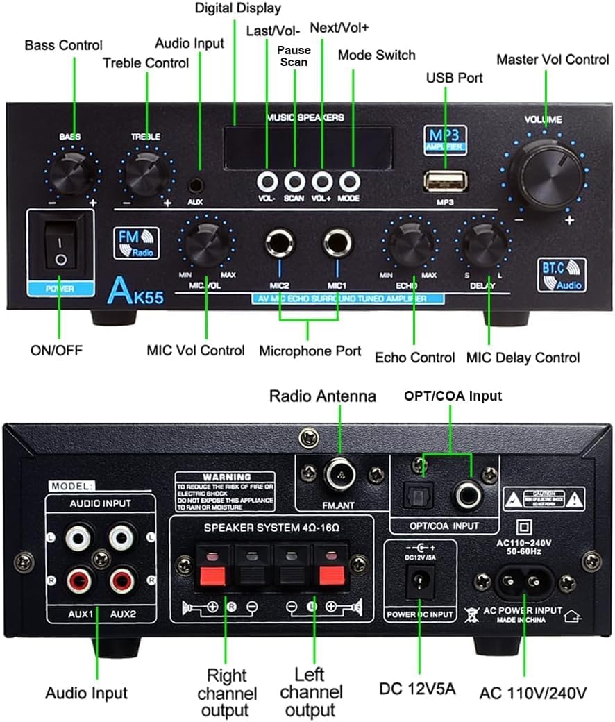 AK55 Stereo Audio Amplifier with Bluetooth 5.0,450W Max Home 2.0 Channel Power Stereo Amplifier Receiver System for Karaoke,Home Theater Speakers W/USB,RCA,AUX,Echo,2MIC in
