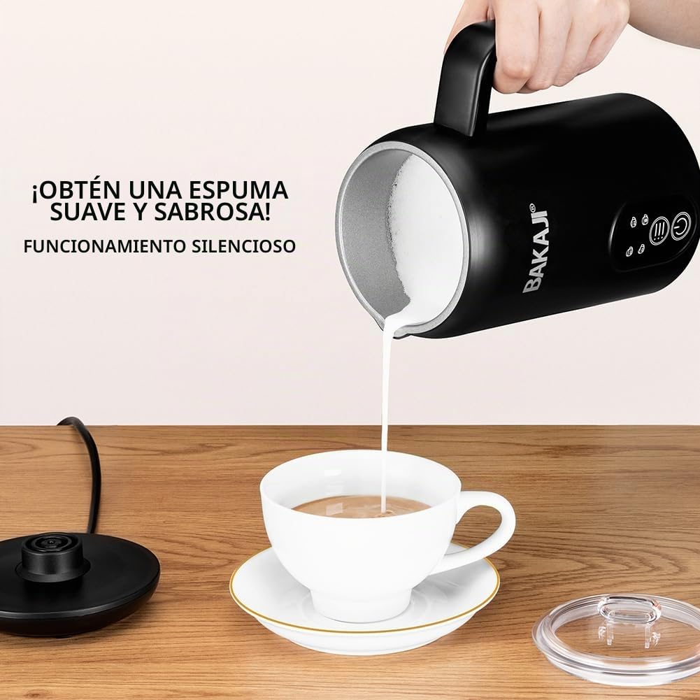 BAKAJI Espumador de leche eléctrico 4 en 1, Cappuccinatore automático, 350 ml, espumador para espuma de leche, funcionamiento silencioso, ideal capuchino caliente o frío, café manchado, acero