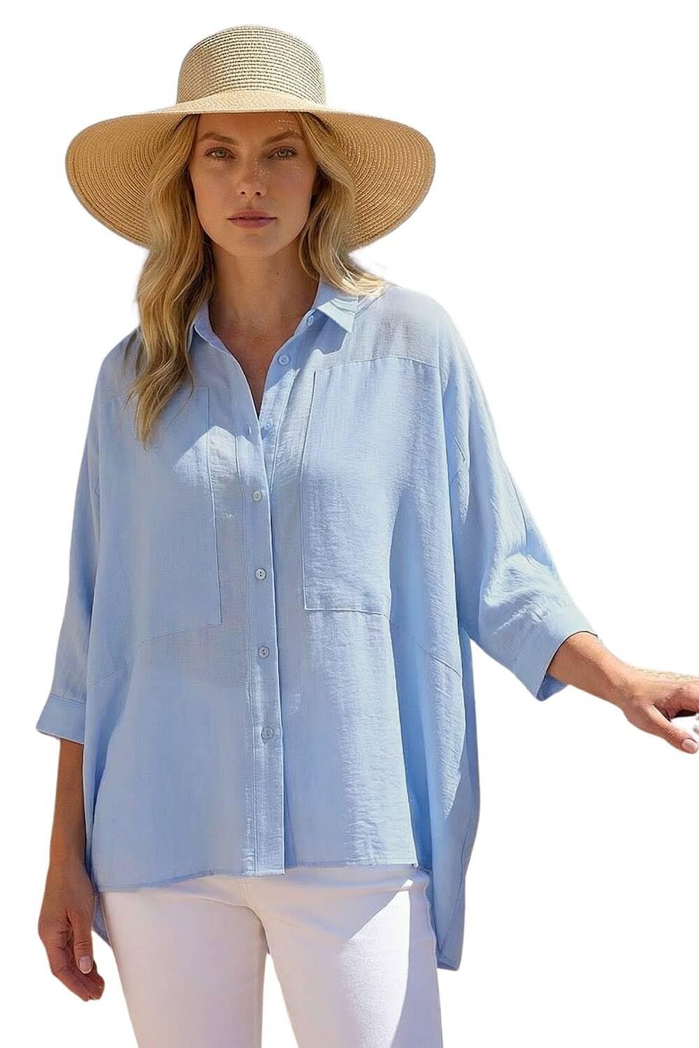 Roman Relaxed Smart Stretch Shirt for Women UK - Ladies Spring Everyday Summer Break 3/4 Length Sleeve Soft Classic Collar Comfy Lightweight Blouse Vacation Tops