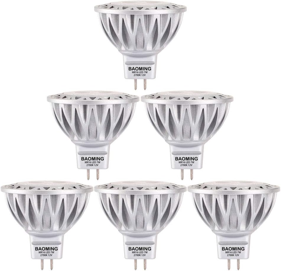 BAOMING MR16 LED Bulb 7W, Soft White White 2700K 12V Low 75W Halogen Replacement, Voltage Gu5.3 Not-Dimmable 6-Pack