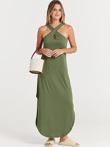Miniatura 9 de ANRABESS Vestido largo casual de verano para mujer, con tirantes cruzados, sexy, abertura lateral, sin mangas, suelto, para playa, con bolsillos