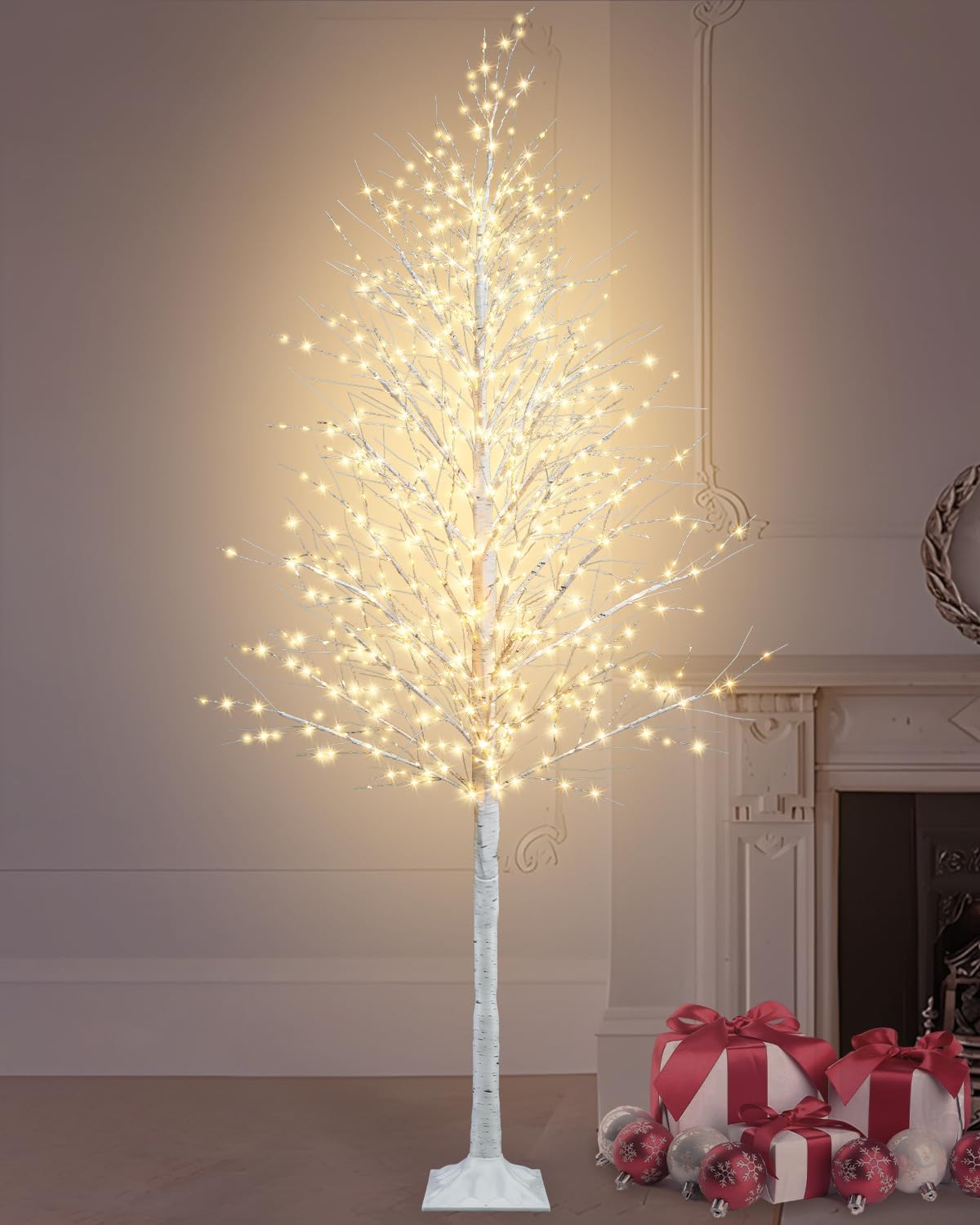 TORONTOKYO 6FT Lighted Birch Tree 910 LEDs Warm White Lights, 8 Modes Light Up White Artificial Christmas Twig Tree with Timer for Indoor Outdoor Home Garden Wedding Holiday Decoration