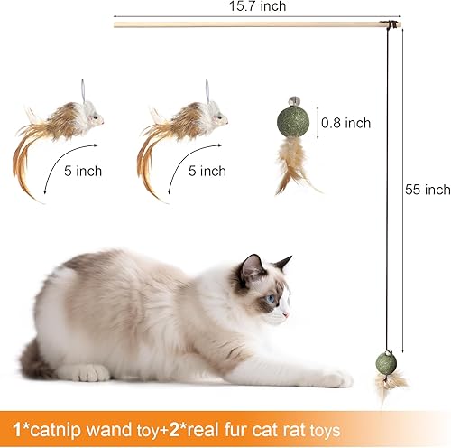 Miniatura 2 de Juguete de varita para gatos con bola de hierba gatera, plumas y campana, 2 cabezas de ratón reemplazables, cuerda elástica y mango de madera para