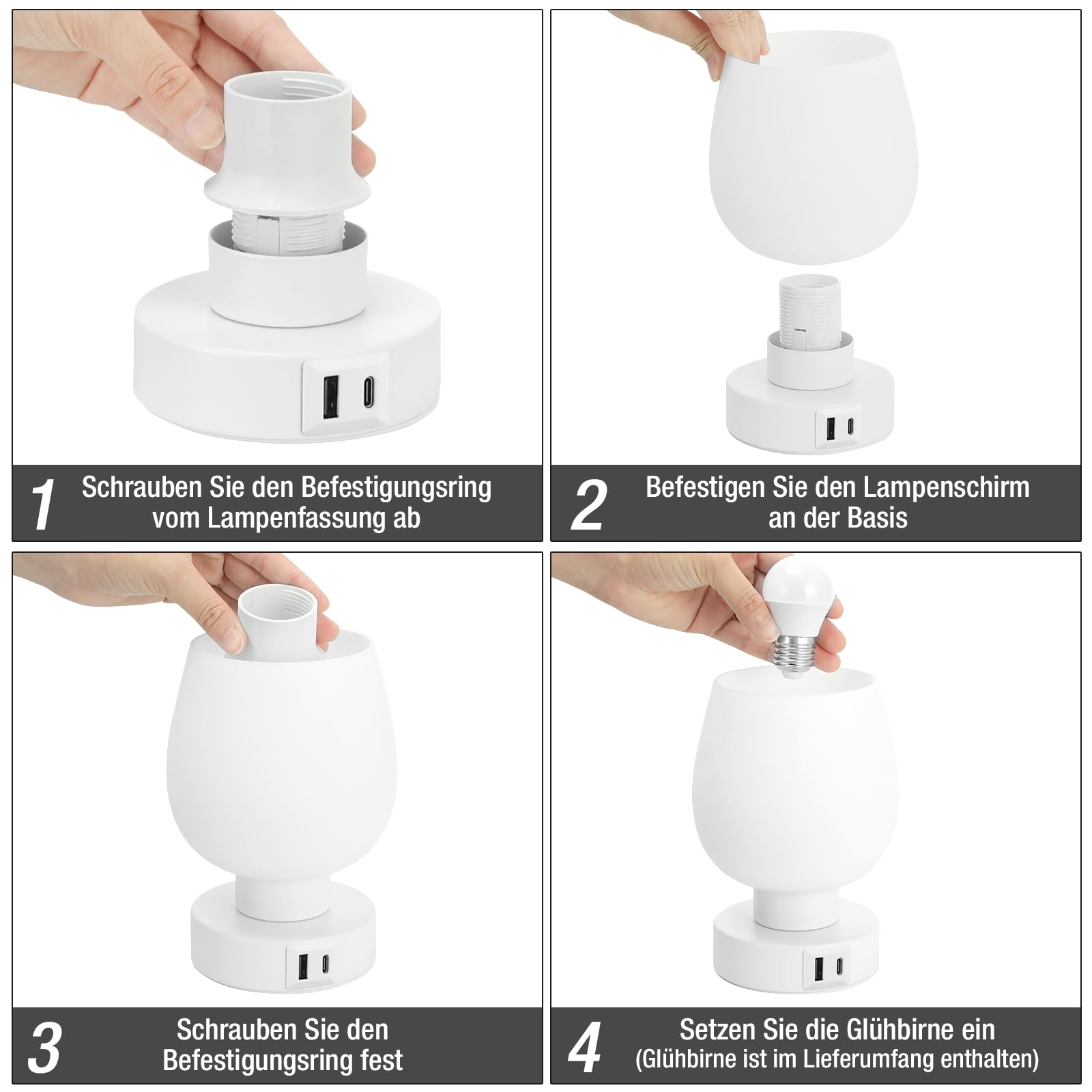 Nachttischlampe Touch Dimmbar 2er Set, Tischlampe mit USB A+C Anschlüsse LED Birne, 3-fach Dimmbar, Kleine Glas Lampe für Nachttisch Schlafzimmer Wohnzimmer Babyzimmer