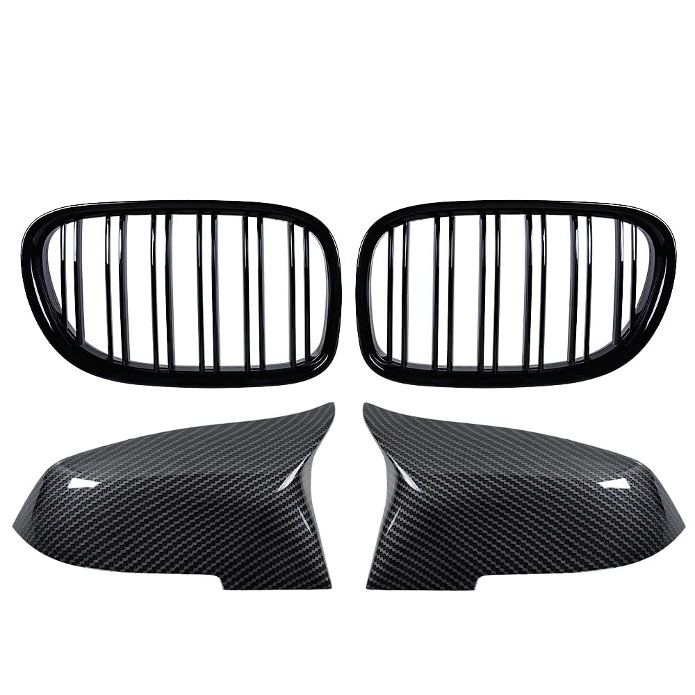 Double Line Glossy Black Kidney Grille + Carbon Fiber Side Mirror Cover Compatible with 2013-2015 BMW 7-Series F01 F02 730d 740i 750i