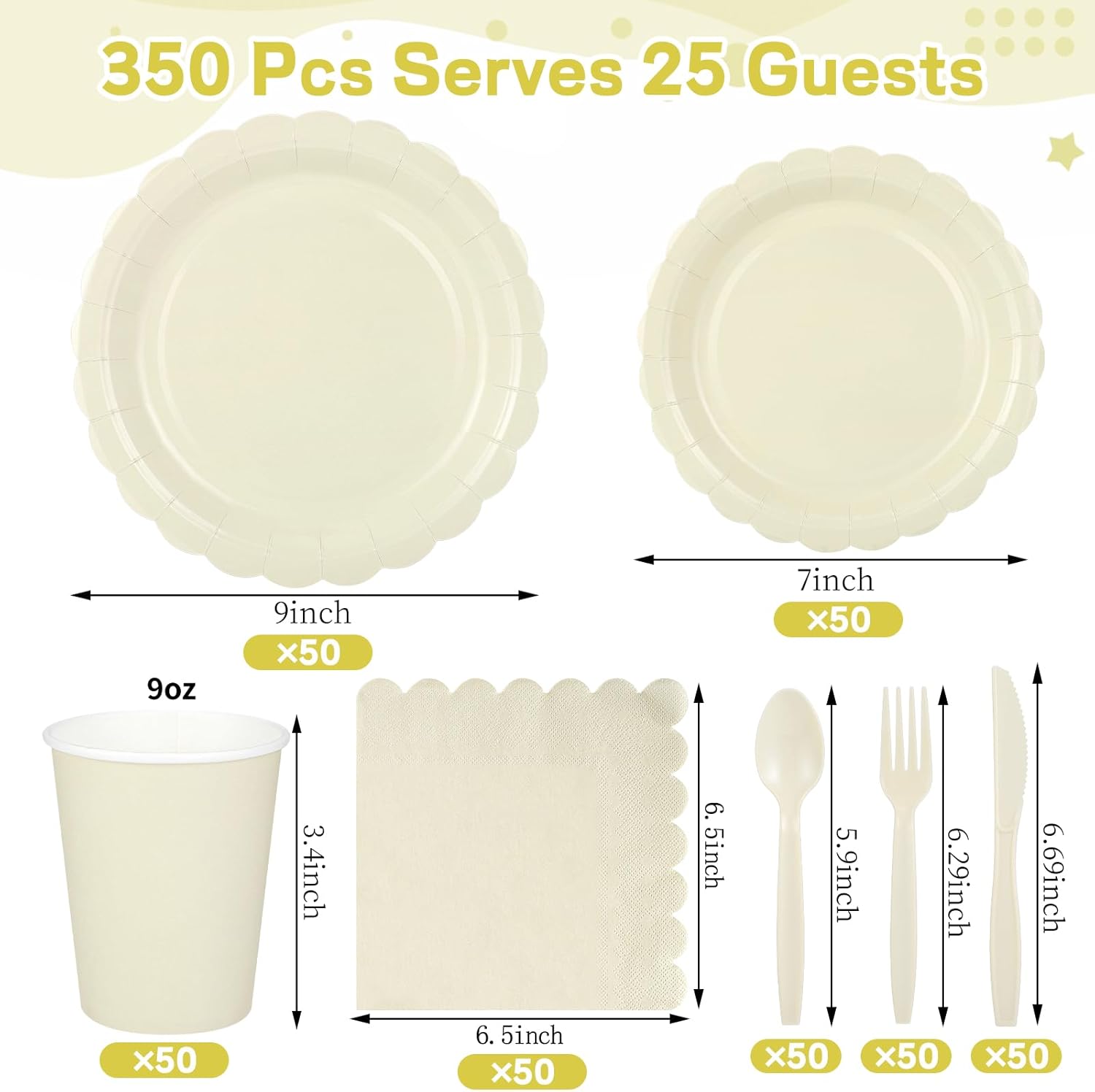 350 Pcs Ivory Dinnerware Sets, 9" Party Plates, 7" Cream Dessert Plate, 9oz Cups & Cutlery, 50 Guest Beige Scalloped Disposable Plates Set for Baby Bridal Shower, Wedding, Birthday - Image 2