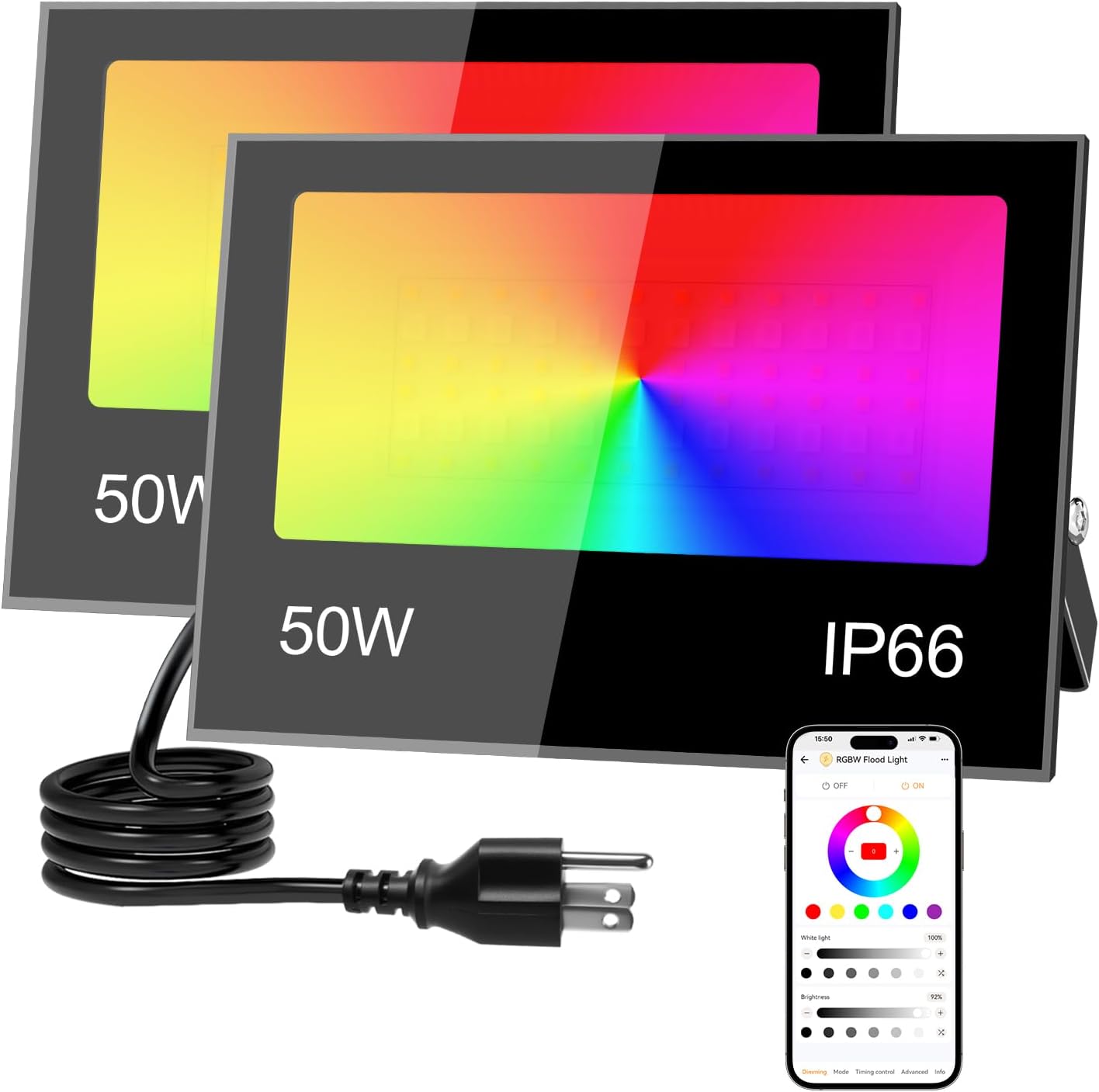 LED Flood Light Outdoor, 500W Equivalent 5000LM Smart RGB Landscape Lighting with APP Control, DIY Scenes - Timing - Warm White 2700K - Color Changing Uplight, 43 Modes, IP66 Waterproof (2 Pack)