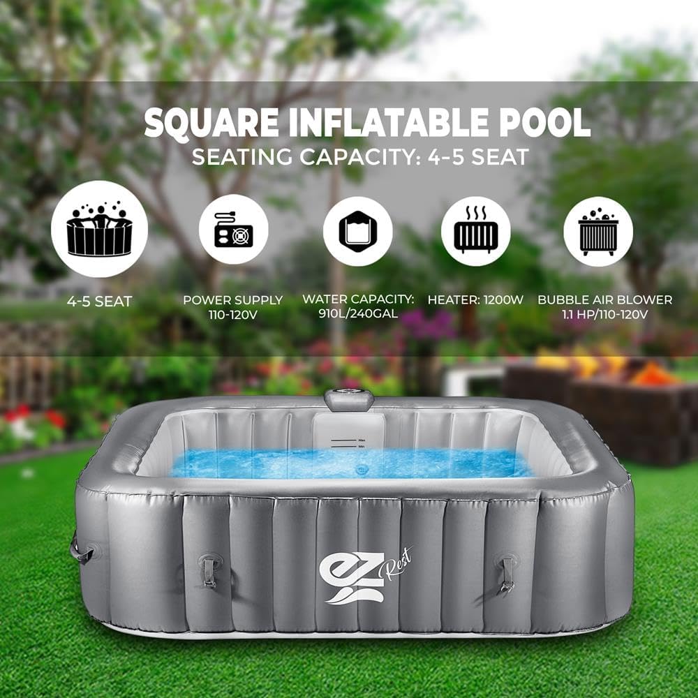 SereneLife 6-Person Square Inflatable Hot Tub being inflated and set up in an outdoor garden setting.