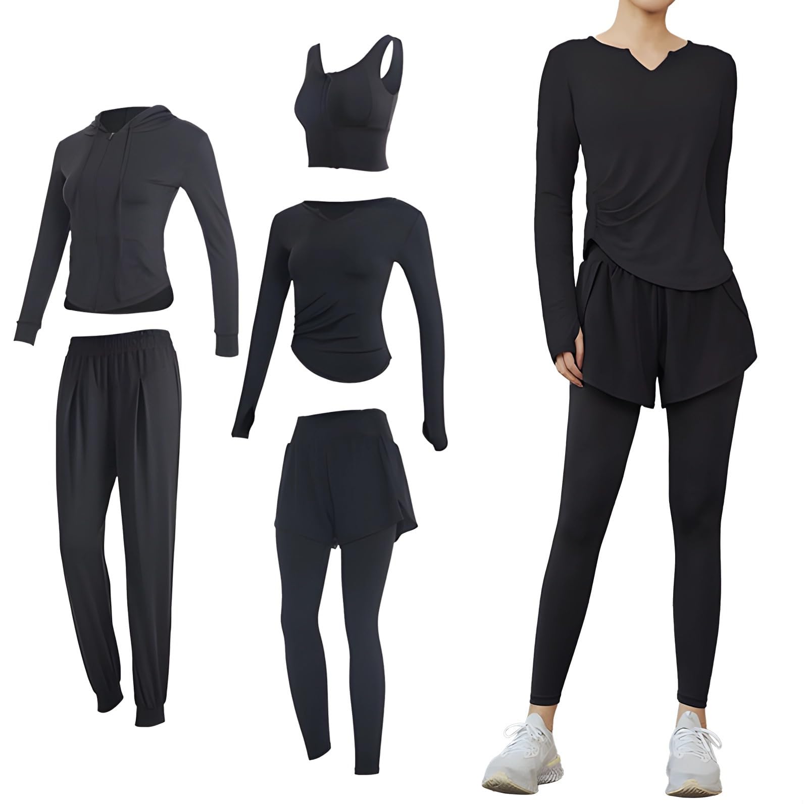 Womens 5 In 1 Activewear Set Yoga Gym Clothing With Hoodie Long Sleeve Exercise Outfit Xxl For 135-150