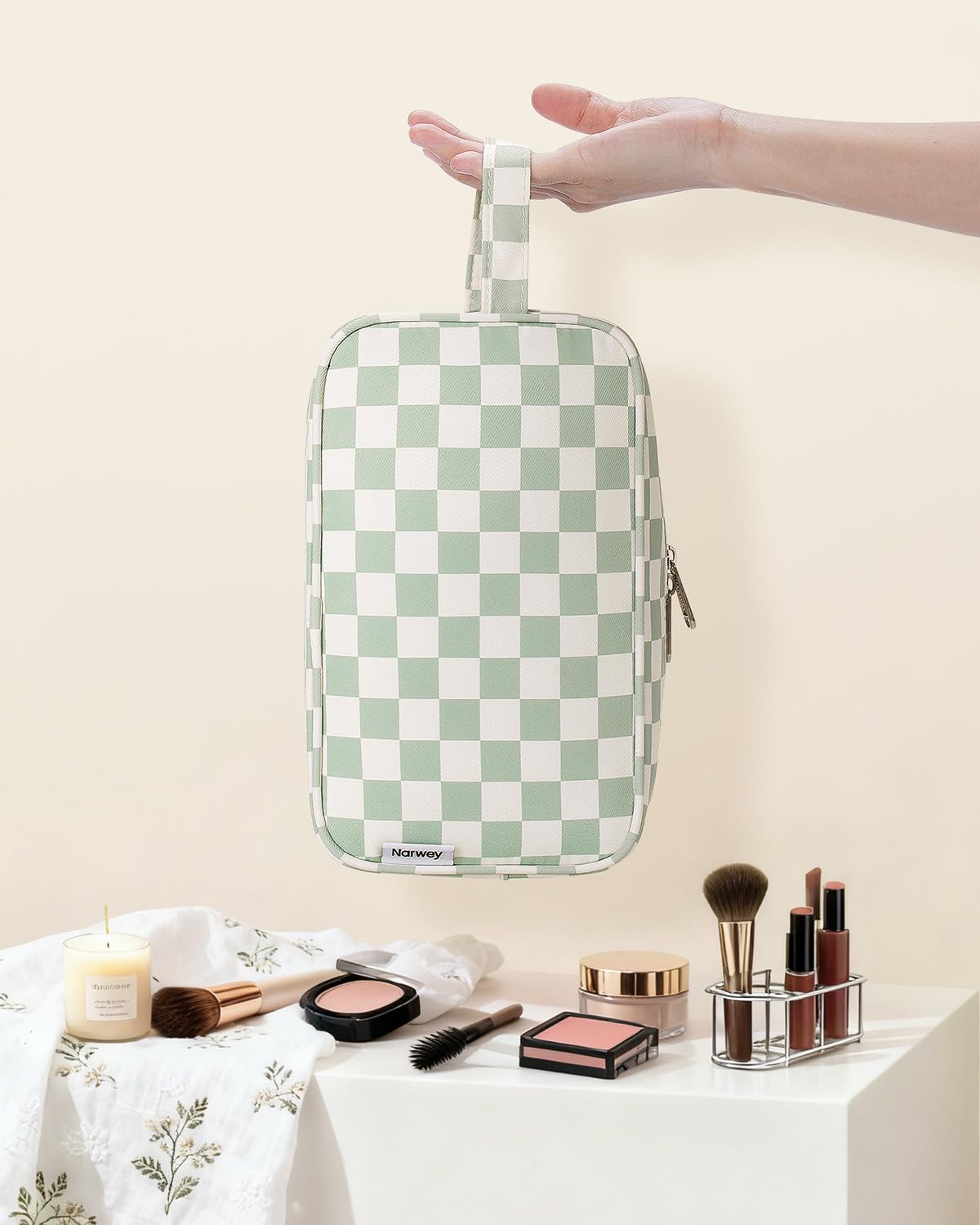 Travel Toiletry Wash Bag for Women Traveling Dopp Kit Makeup Bag Organizer for Toiletries Accessories Cosmetics (Mint Green Checkerboard) — view 7