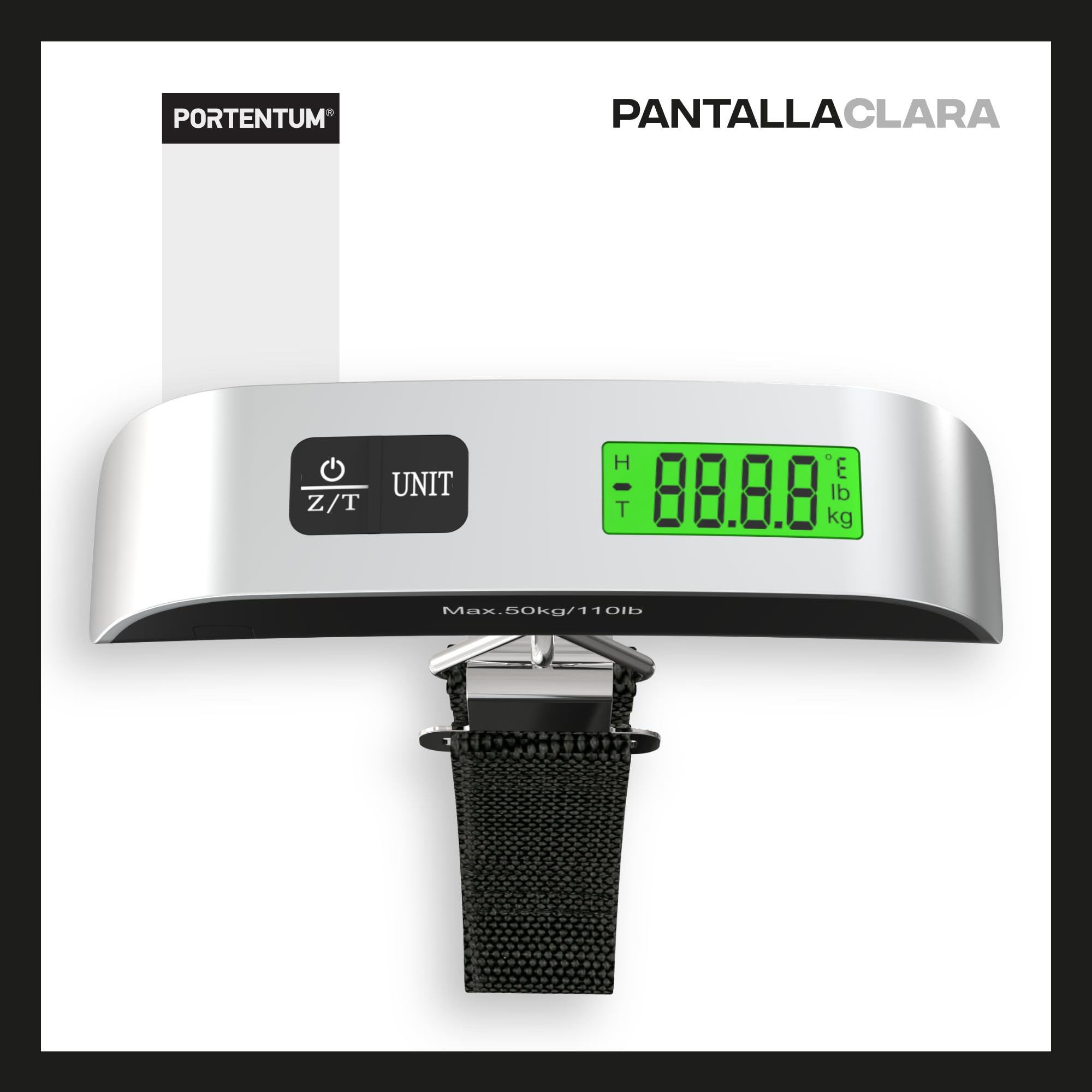 PORTENTUM Bascula maletas viaje digital con pantalla LCD – hasta 50 kg – Bloqueo de lectura automático – Peso maleta preciso para viajar – Escala de equipaje portátil con indicador de temperatura — view 6