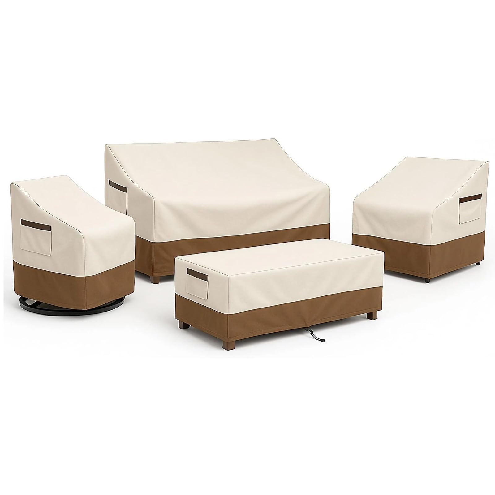 4-Piece Patio Furniture Cover Set, Waterproof Outdoor Furniture Covers for 3-Seater Sofa, Patio Chairs &amp; Coffee Table, Heavy-Duty 600D, Fade&amp;UV-Resistant, Breathable, All-Season Protection,Beige&amp;Brown