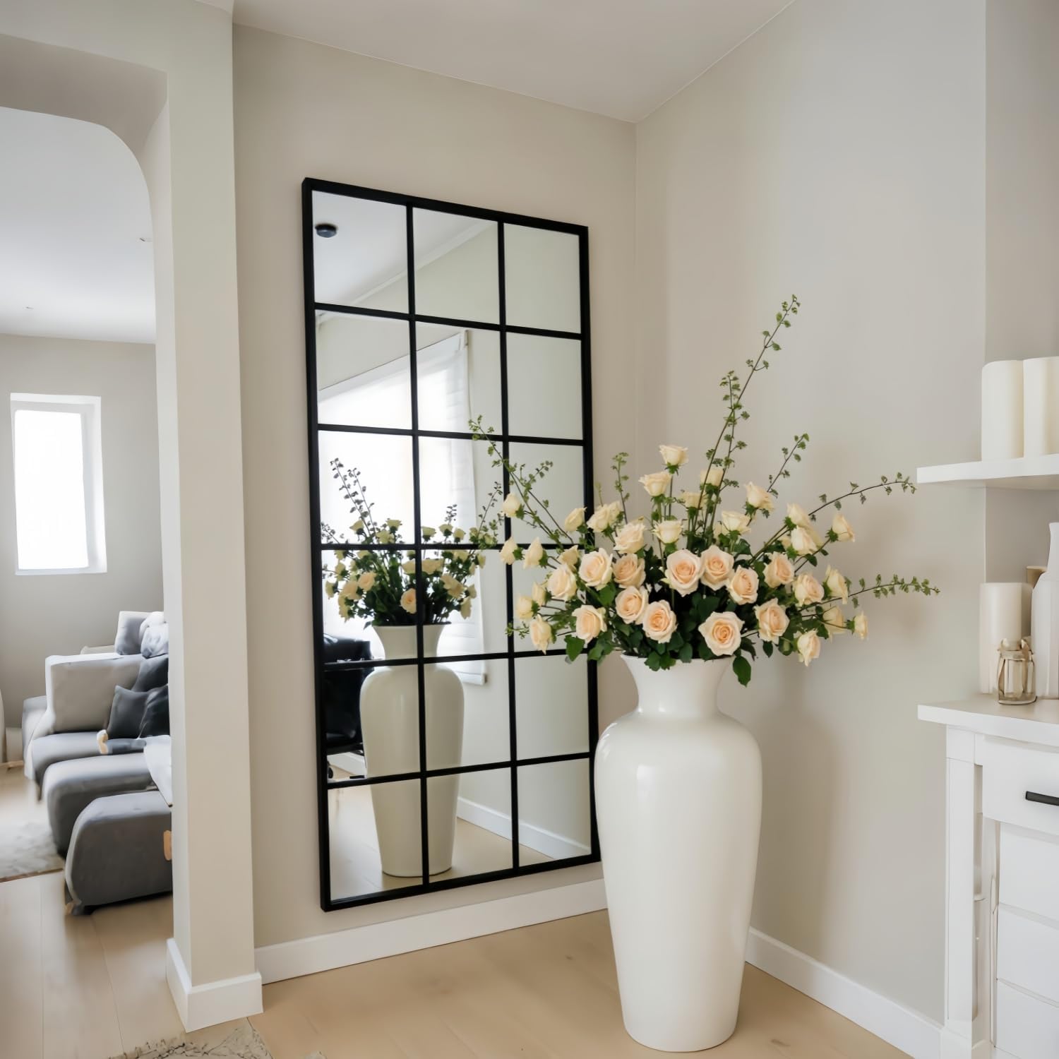 Dewfig 65"x 24" Window pane Full Length Mirror, Wall Mirror, Floor Standing Mirrors, Farmhouse Long Full Body Mirrors Wall Mounted for Living Room, Bedroom, Entryway, Fireplace, Black
