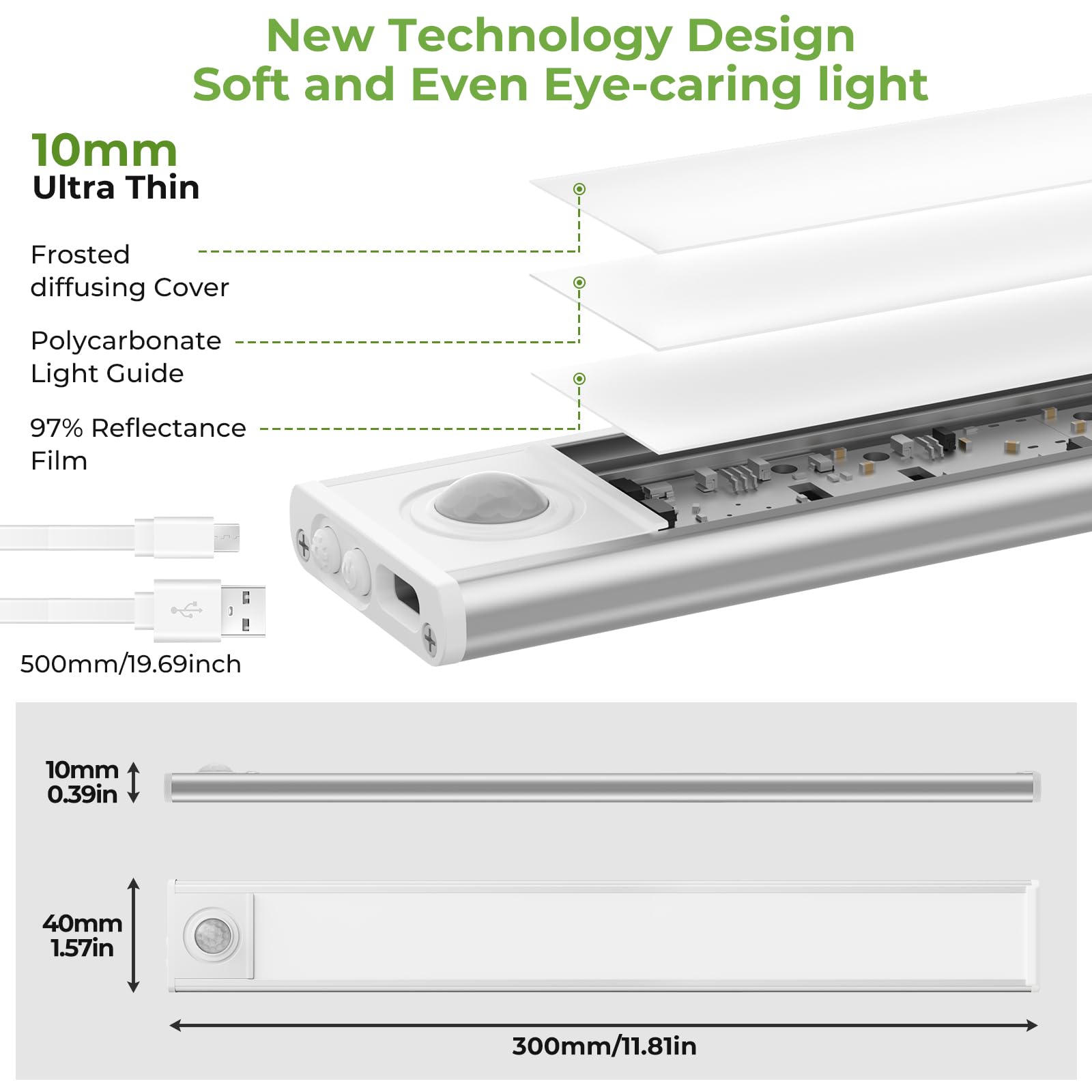 Unterschrankleuchten, 30,5 cm, 90 LEDs, USB-C 2500 mAh, wiederaufladbarer Akku, 3 Farbtemperaturen, dimmbar, Bewegungsmelder, kabellos, für Kleiderschrank, Küche, Treppen (2 Stück, 3 CCT)