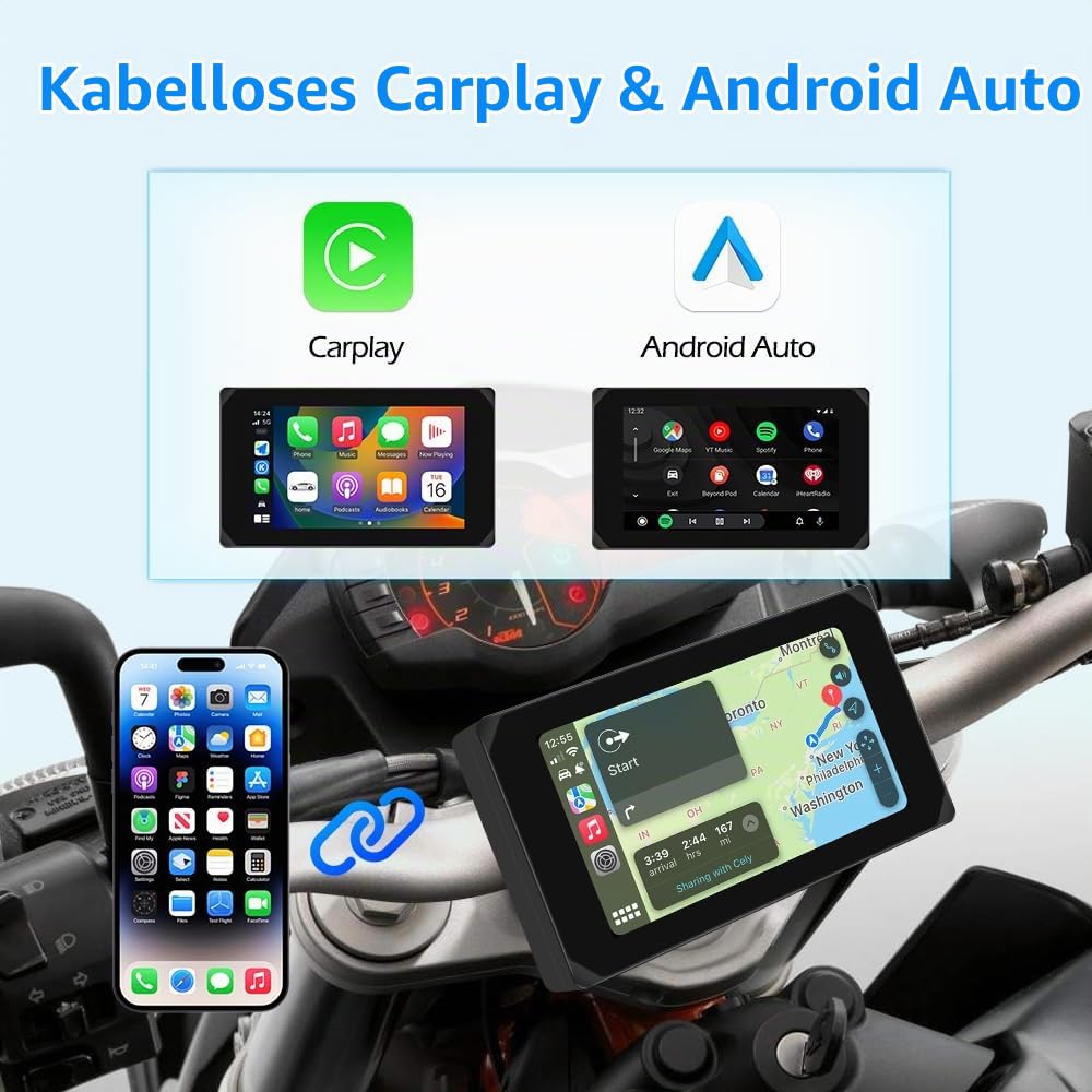 VSYSTO Motorrad Carplay Bildschirm, Kabelloses Carplay und Android Auto mit Dashcam Vorne Hinten 1080P für Moto, 5 Zoll Wasserdichter Touchscreen mit GPS Navigation, BT Audio, Siri Assistant, TPMS
