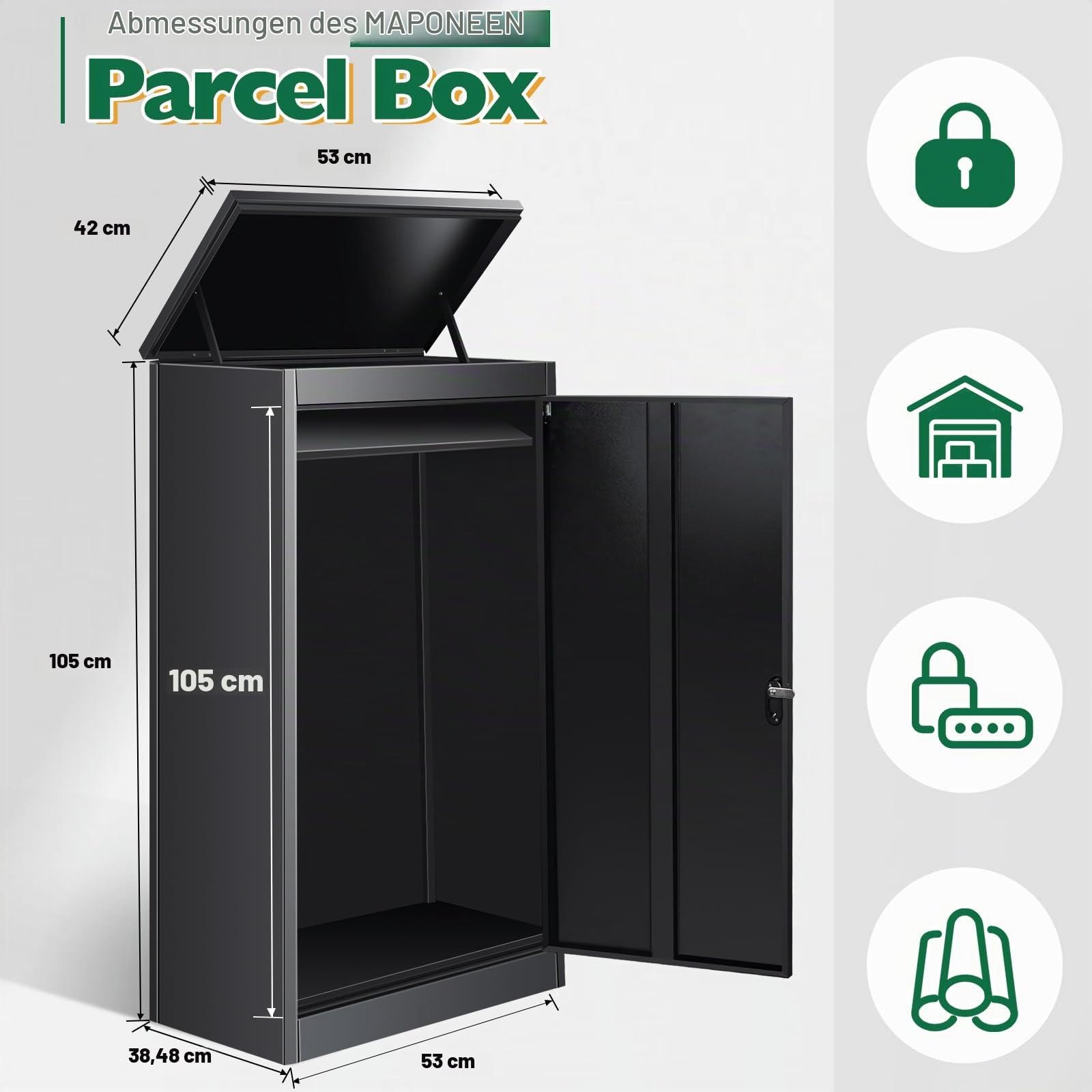 Briefkasten Paketbox für den Außenbereich, extra große Paketboxen mit sicherer Lagerung, wasserdichte Paketboxen für den Außenbereich, 53cm x 42cm x 110cm
